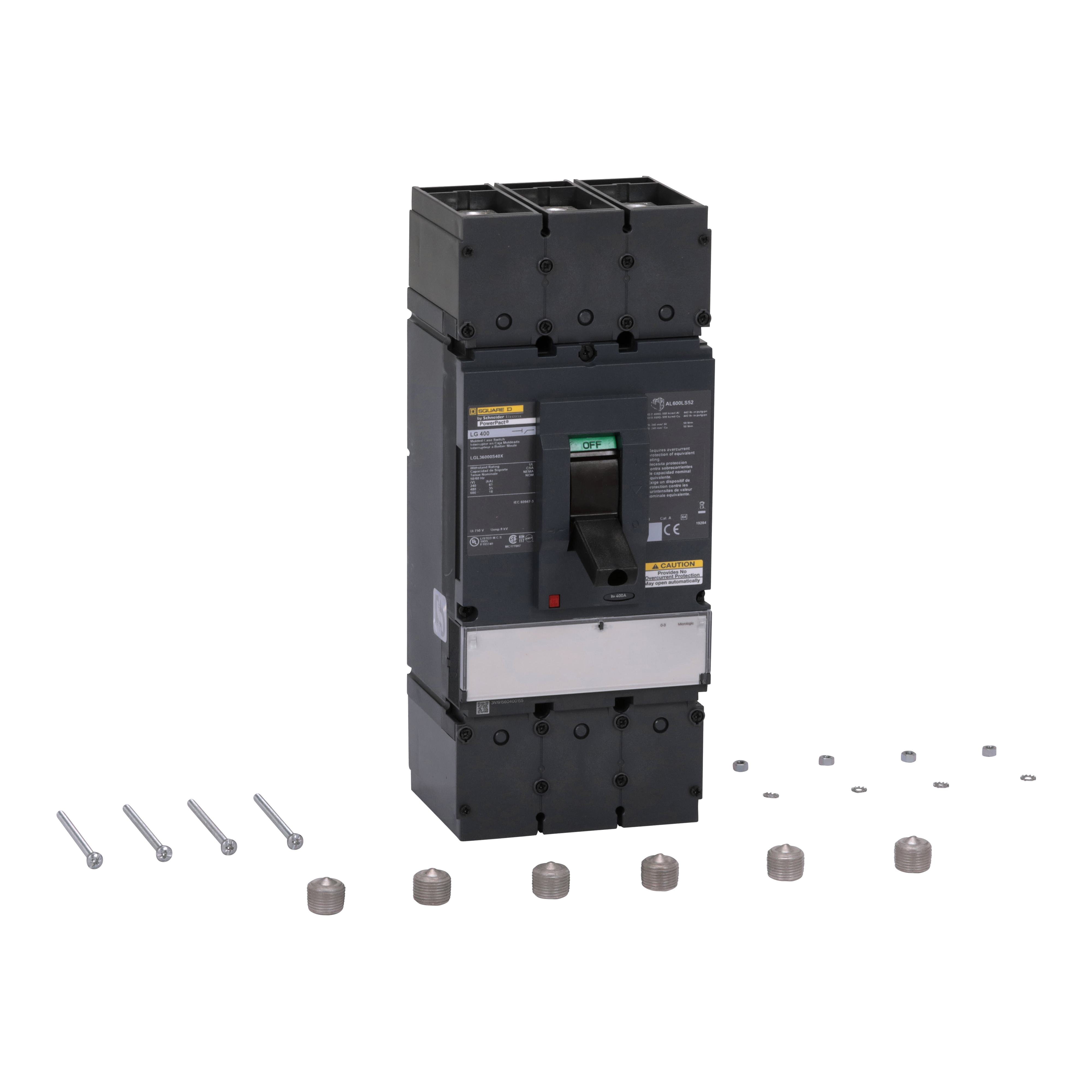 LGL36000S40X - Automatic switch, PowerPact L, 400A, 3 pole, 600VAC, 18kA, lugs, magnetic