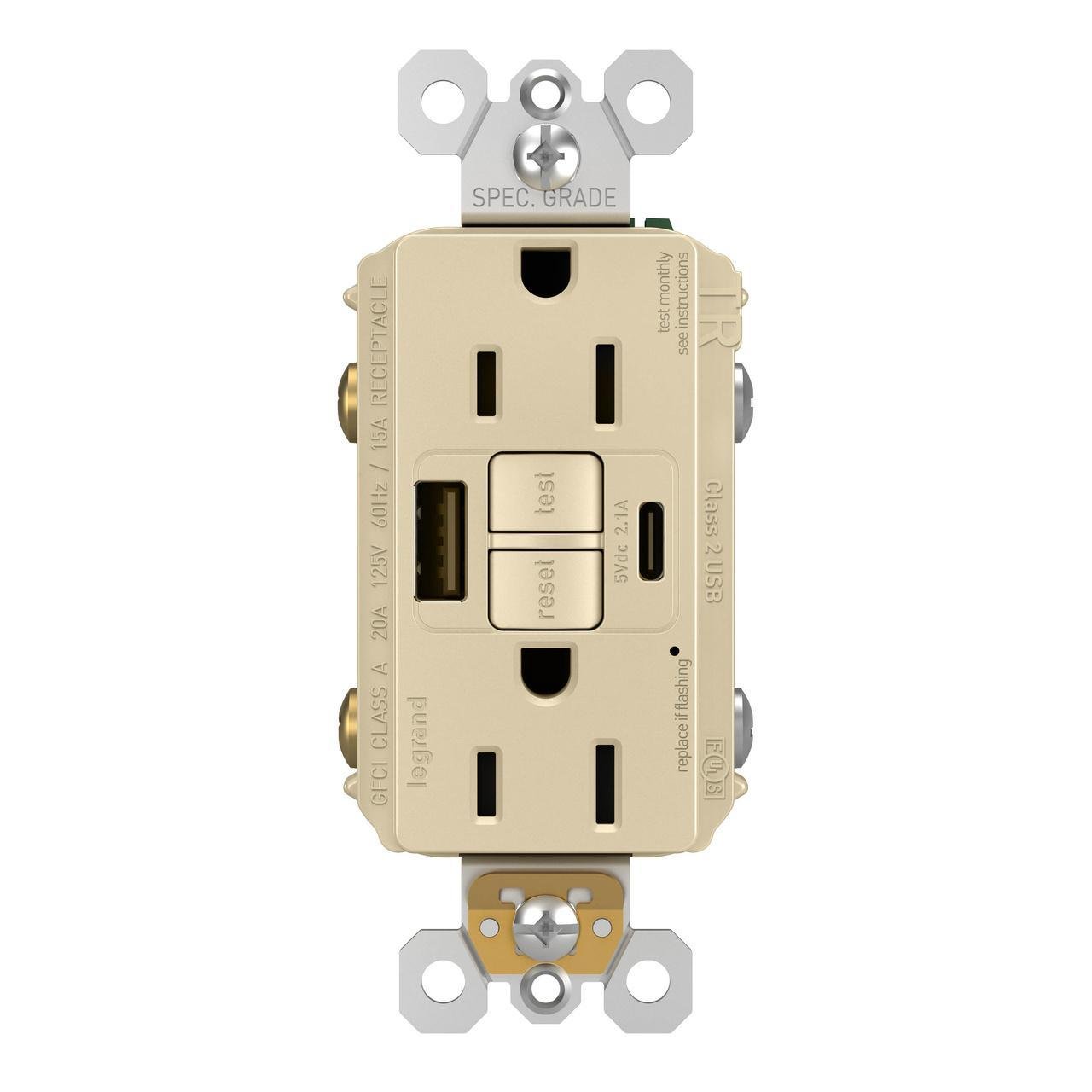 Picture of 1597TRUSBACI - radiant® Tamper-Resistant 15A Duplex Self-Test GFCI Receptacles with SafeLock® Protection, USB Type A/C, Ivory
