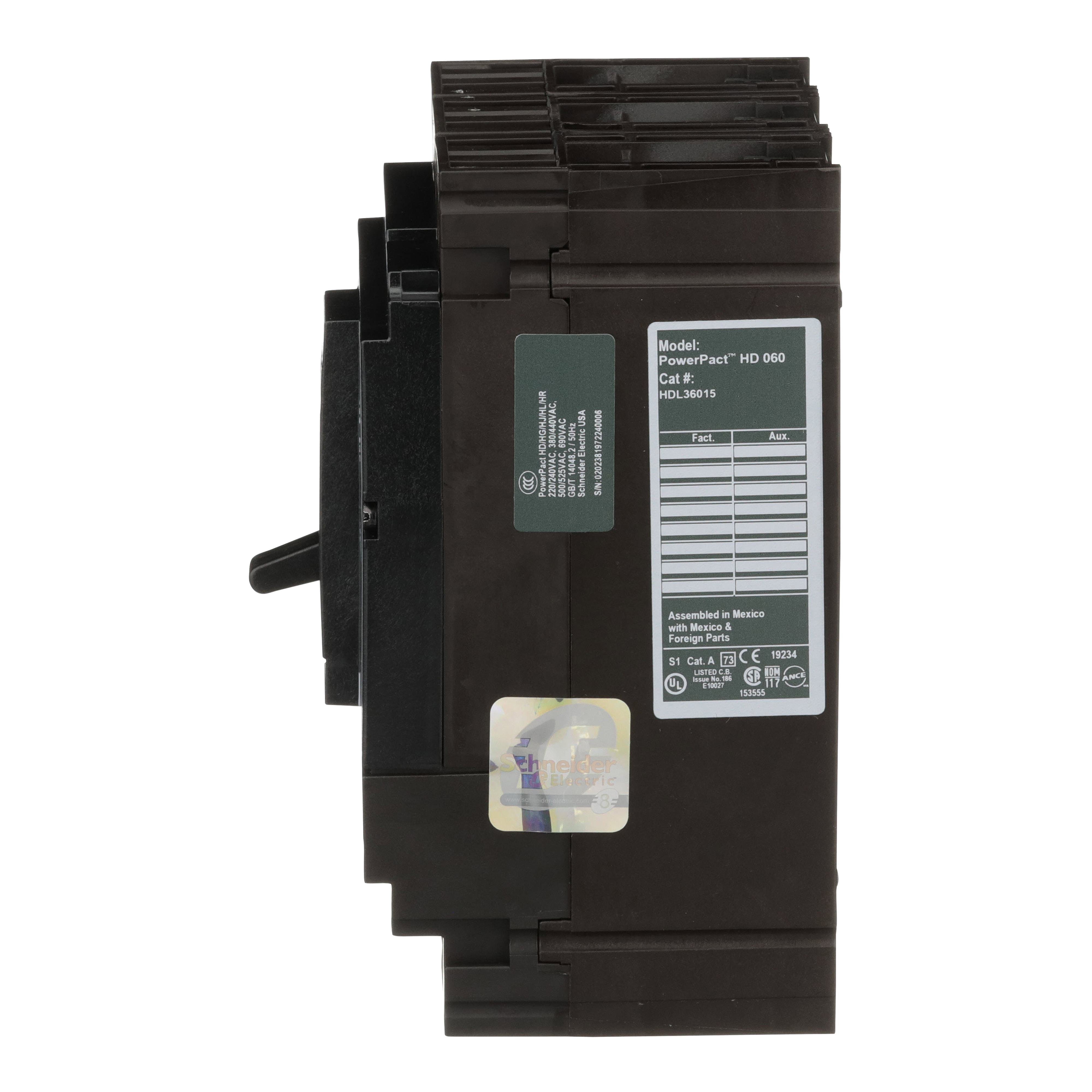 Picture of HDL36015 - Circuit breaker, PowerPacT H, 15A, 3 pole, 600VAC, 14kA, lugs, thermal magnetic, 80%