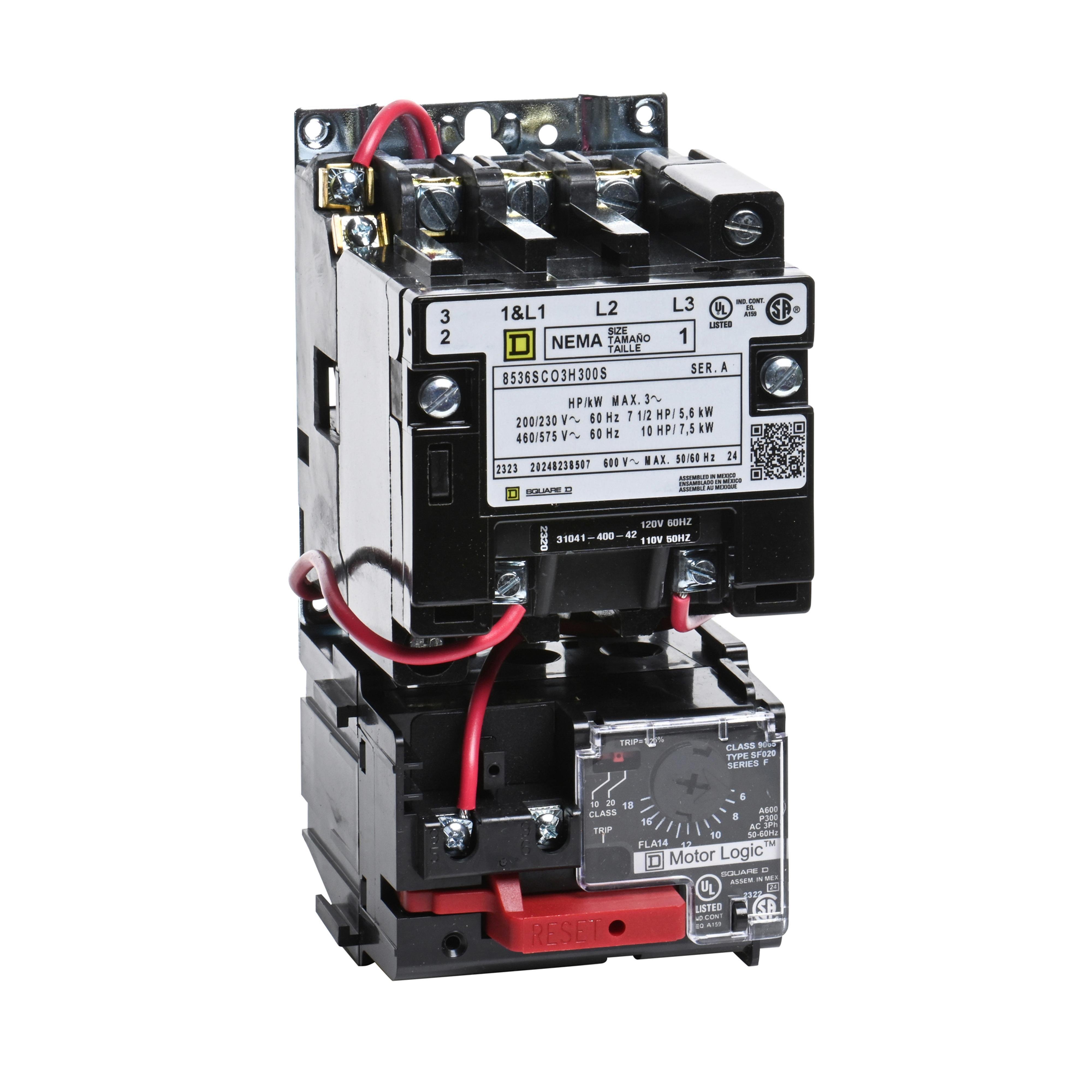 Picture of 8536SCO3V02H300S - NEMA motor starter, Type S, nonreversing, Size 1, 27A, 10HP at 460VAC, up to 100kA SCCR, 3 phase, 3 pole, Motor Logic, 120VAC coil, open [TAA]