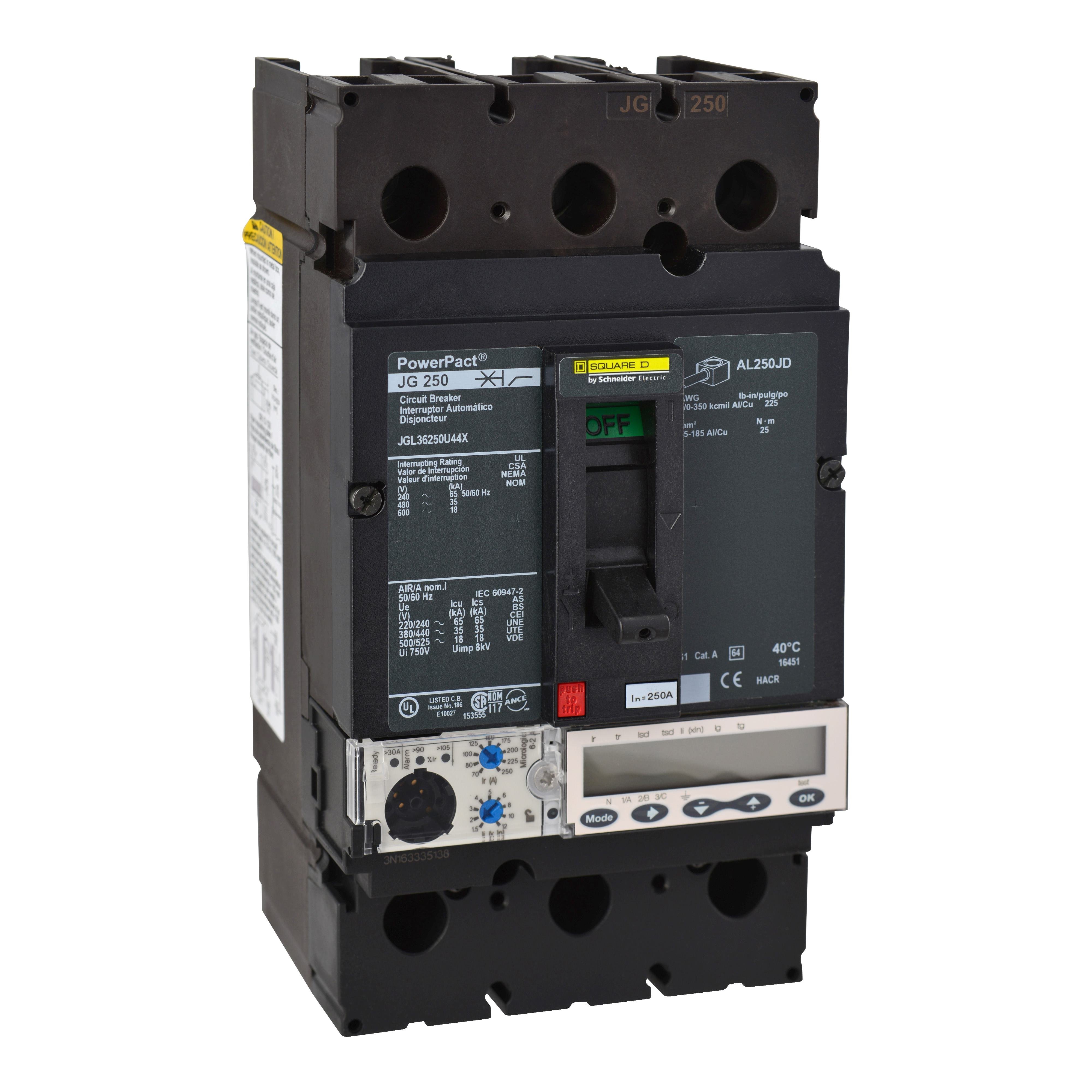 JGL36250U44X - Circuit breaker, PowerPacT J, 250A, 3 pole, 600VAC, 18kA, lugs, Micrologic 6.2A, 80%