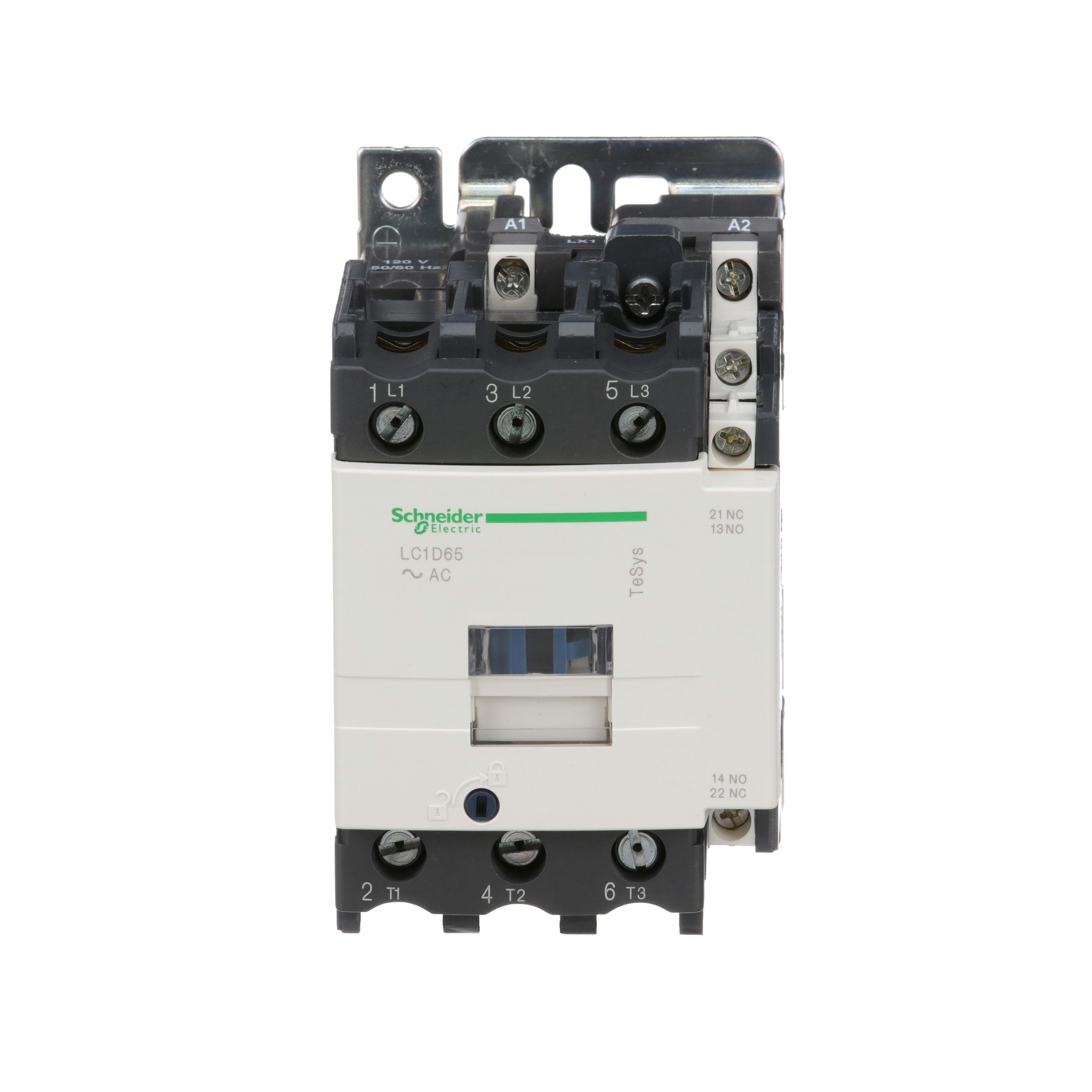 LC1D65G7 - TeSys D IEC contactor, 65 A, 3 P, 40 HP at 480 VAC, nonreversing, 120 VAC 50/60 Hz coil