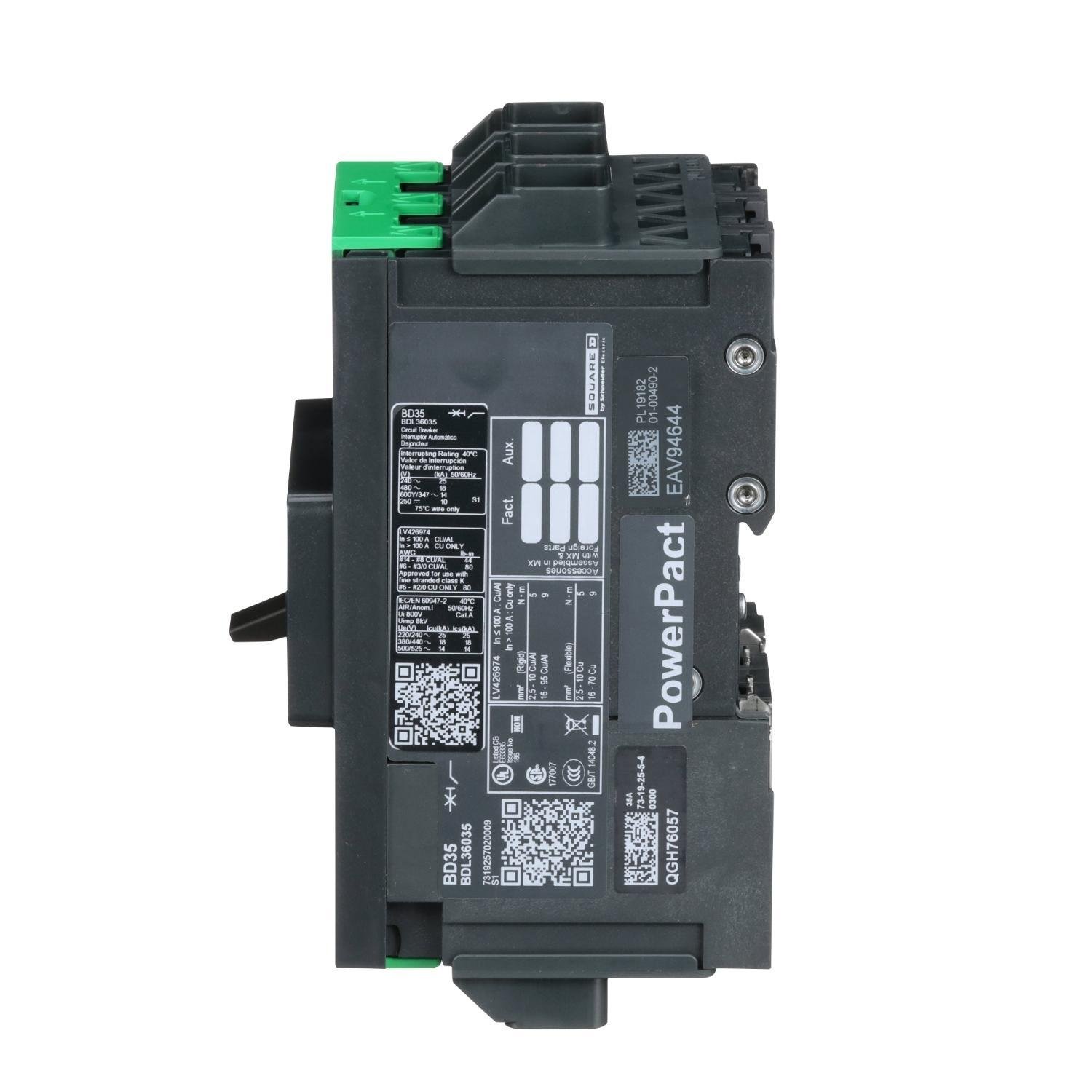 Picture of BDL36035 - Circuit breaker, PowerPacT B, 35A, 3 pole, 600Y/347VAC, 14kA, lugs, thermal magnetic, 80%