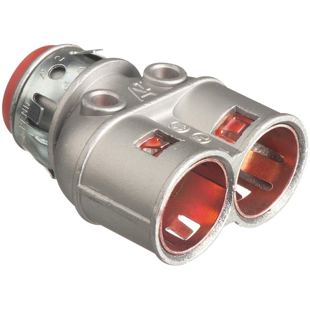 4040AST - Duplex zinc die-cast, 1/2" Knockout MC cable connector snaps quickly on to the conduit with an internal spring steel clip and then snaps into knockout with external spring steel clip, no tools required. Concrete tight when taped. Red tinted inte