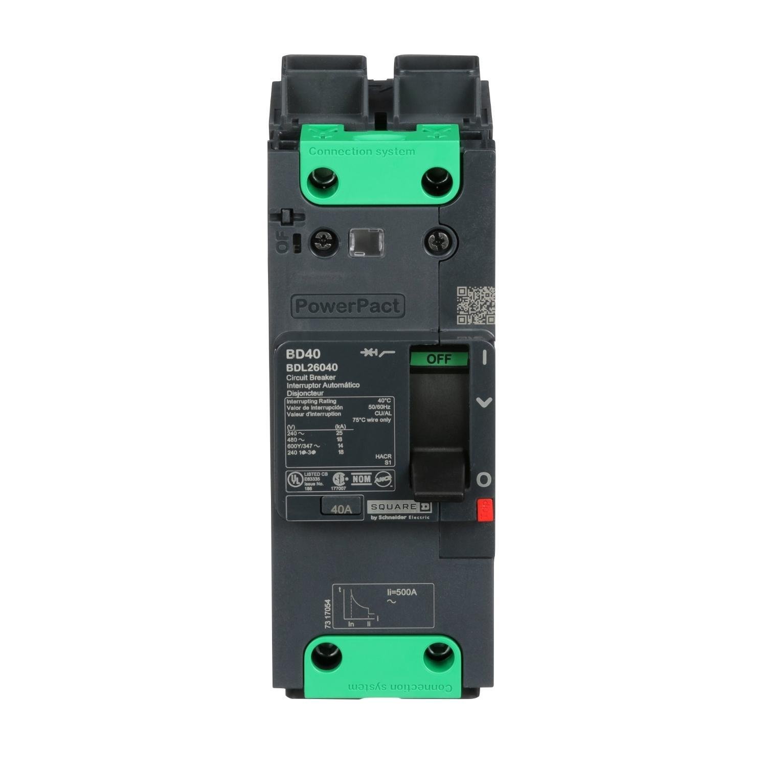 BDL26040 - Circuit breaker, PowerPacT B, 40A, 2 pole, 600Y/347VAC, 14kA, lugs, thermal magnetic, 80%