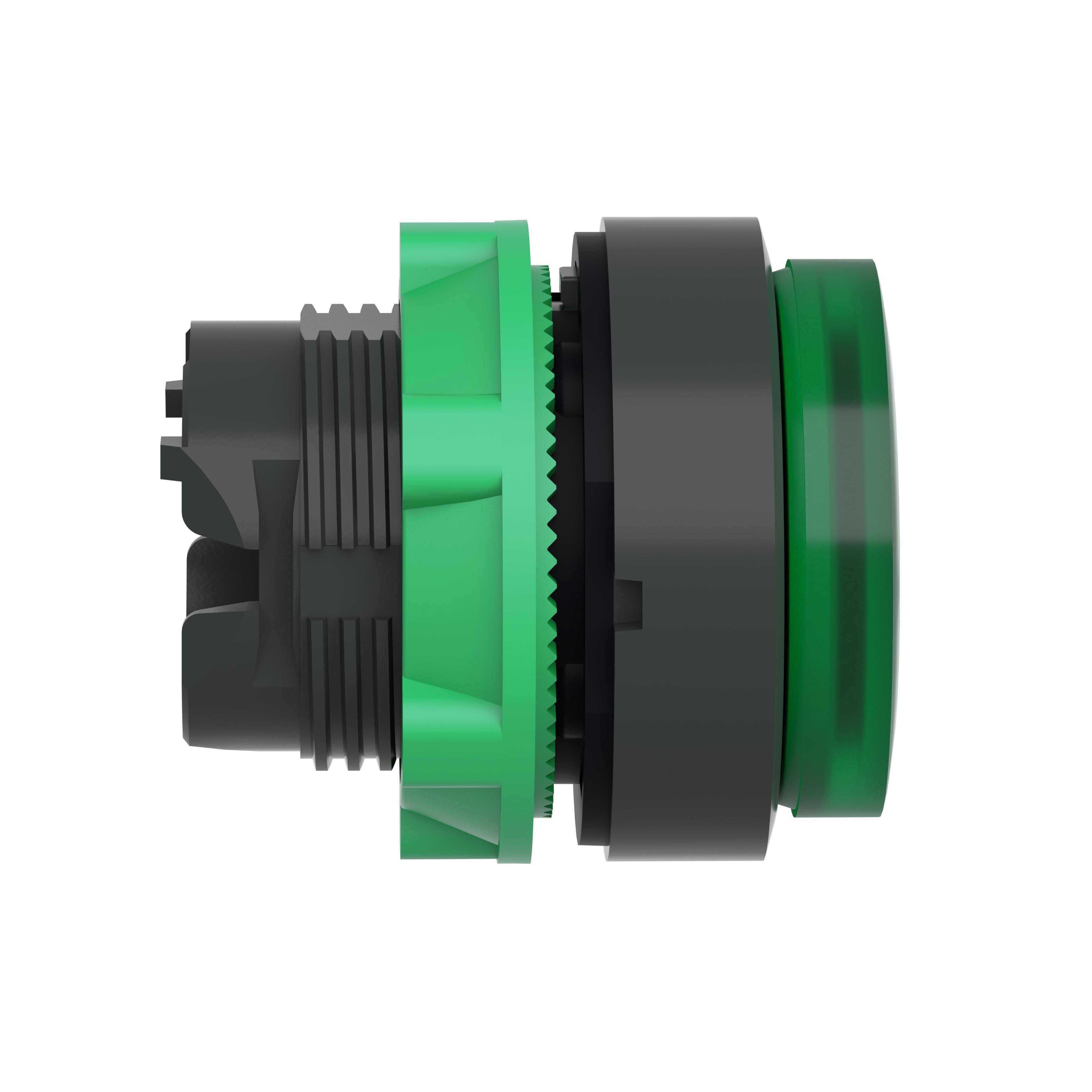 Picture of ZB5AW133 - Head for illuminated push button, Harmony XB5, green projecting, 22mm, universal LED, spring return, unmarked