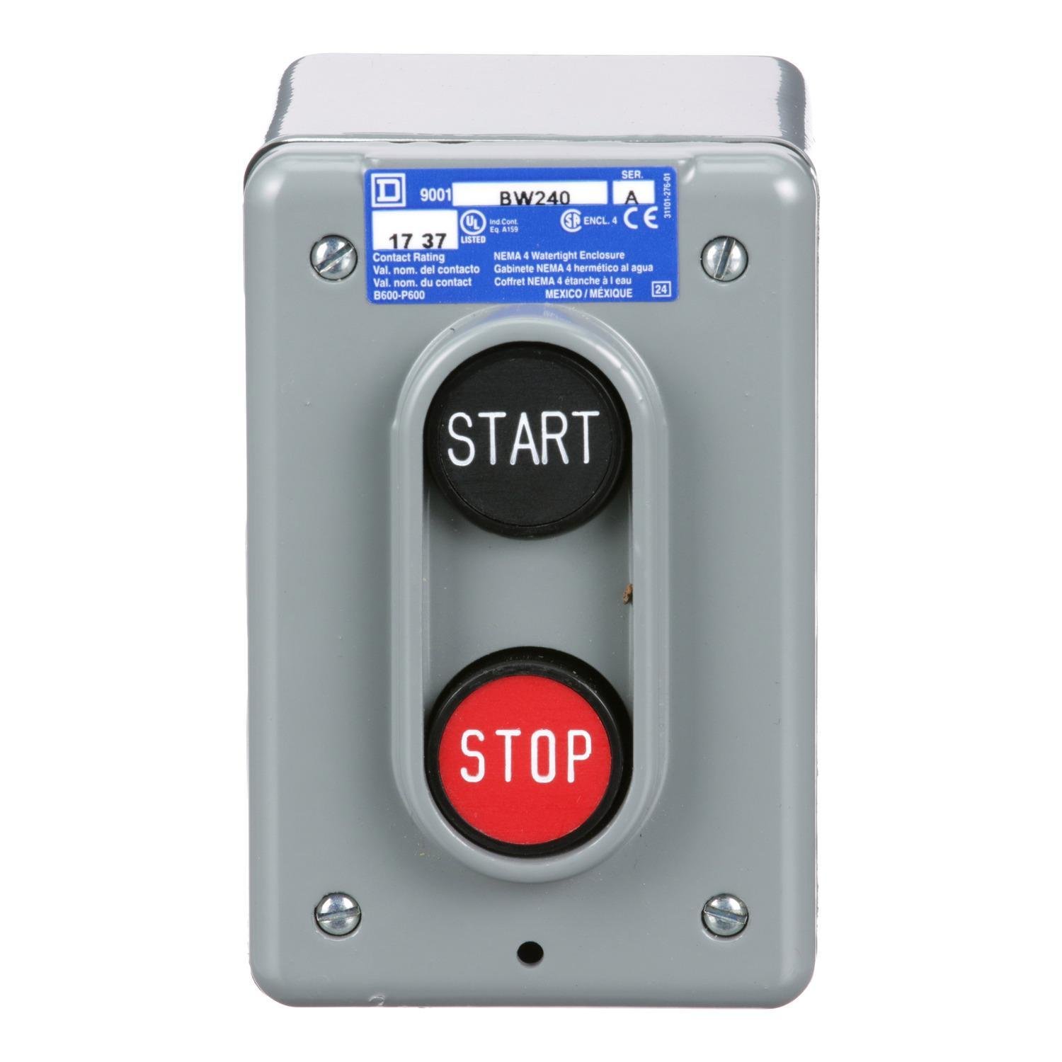 9001BW240 - Complete control station, Harmony 9001B, 2 push buttons START-STOP, with lockout, 5A, 600V AC, 1NO + 1NC, NEMA 4