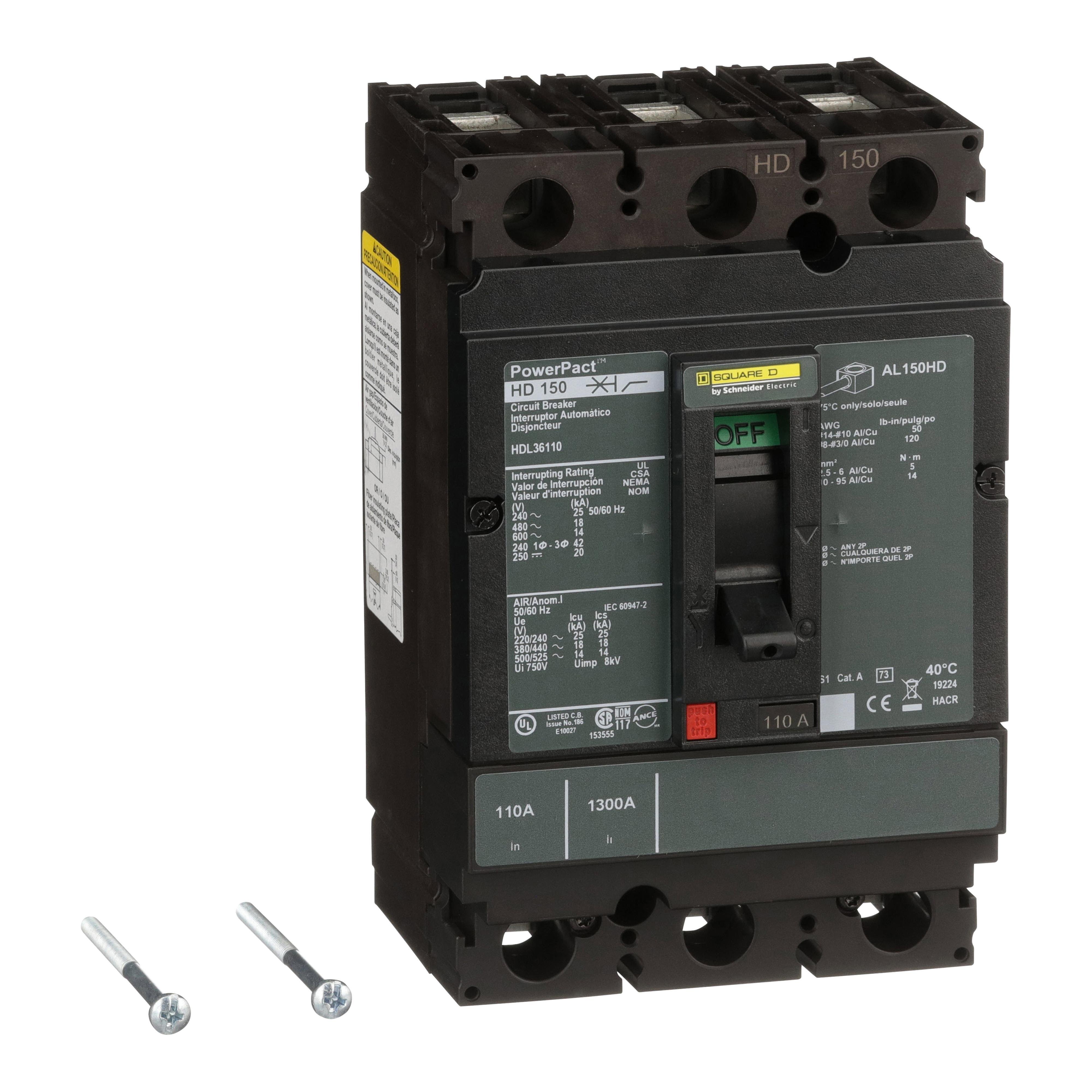 HDL36110 - Circuit breaker, PowerPacT H, 110A, 3 pole, 600VAC, 14kA, lugs, thermal magnetic, 80%