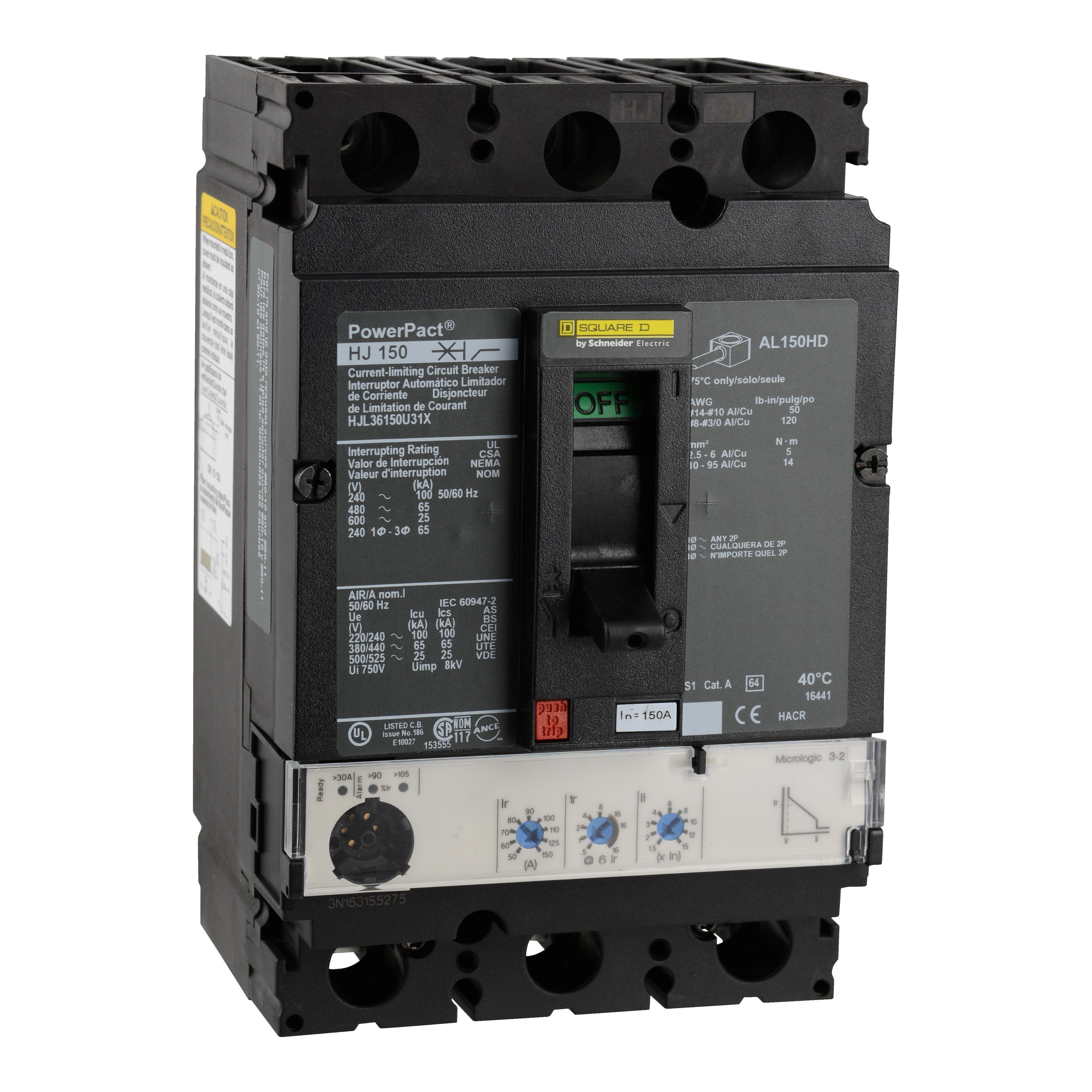 HJL36150U31X - Circuit breaker, PowerPacT H, 150A, 3 pole, 600VAC, 25kA, lugs, Micrologic 3.2, 80%