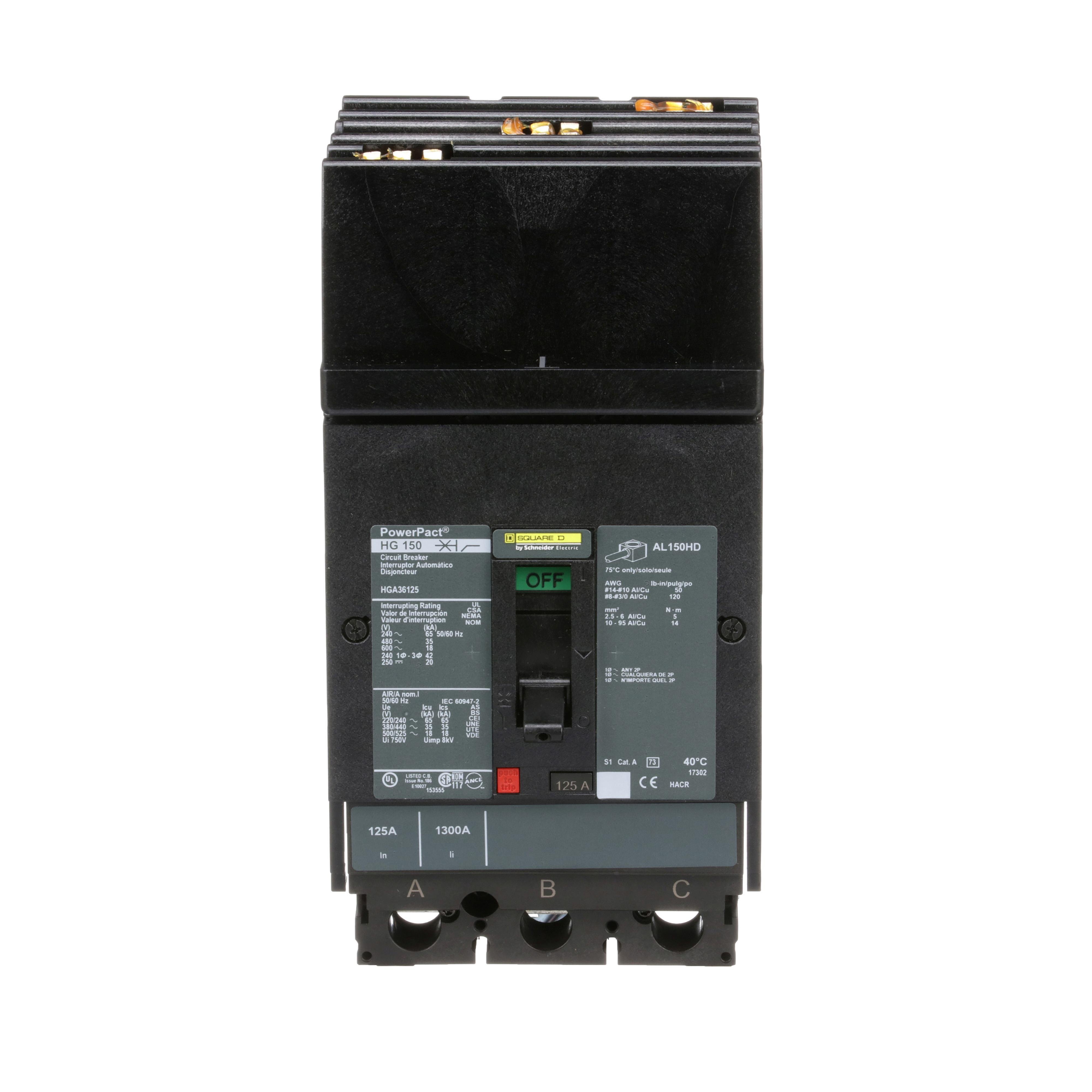 Picture of HGA36125 - Circuit breaker, PowerPacT H, 125A, 3 pole, 600VAC, 18kA, I-Line, thermal magnetic, 80%, ABC