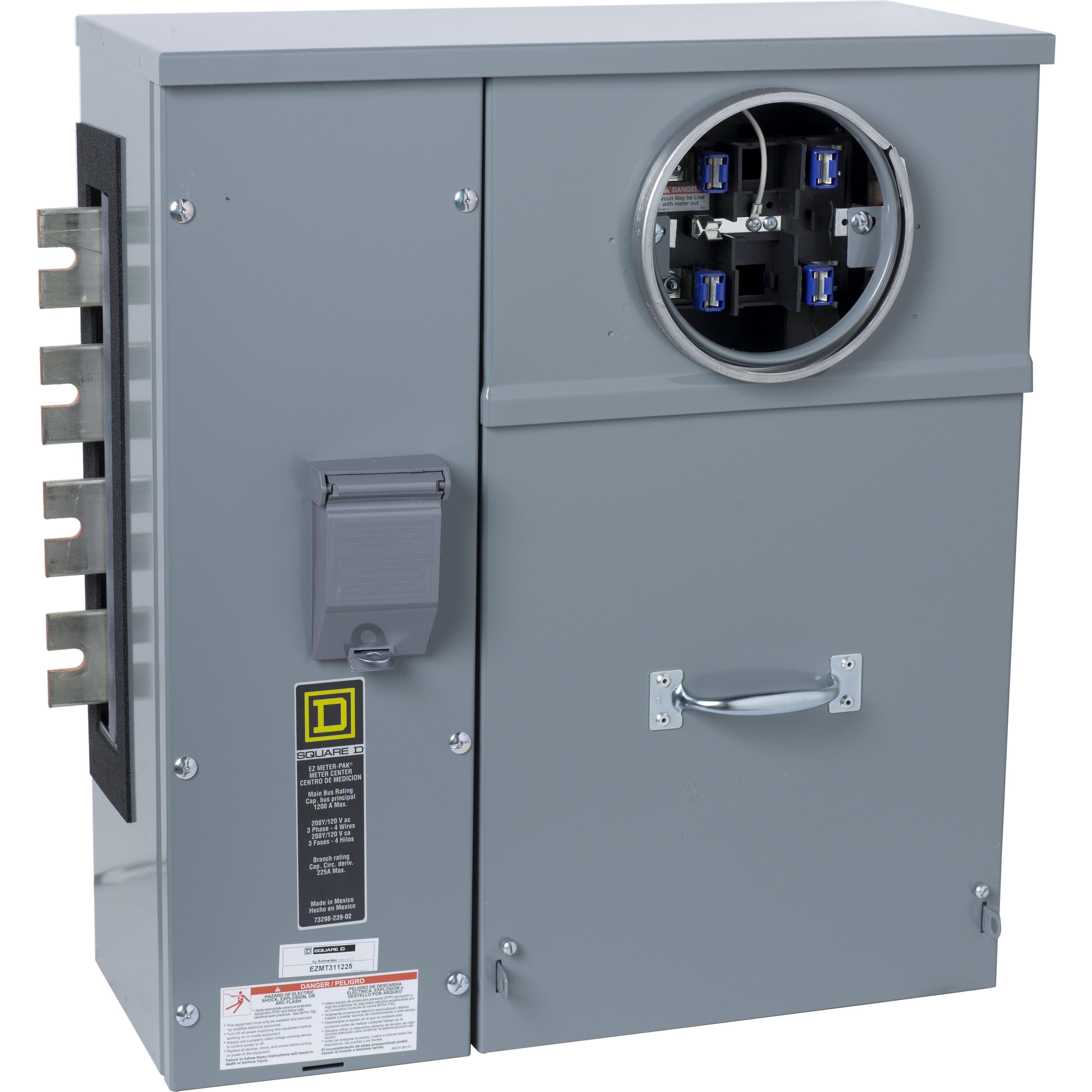 EZMT311225 - Branch unit, EZ Meter-Pak, 225A, 1 x 5 jaw socket, 208Y/120VAC, test block bypass, ringed, 1200A Al/Cu busbar