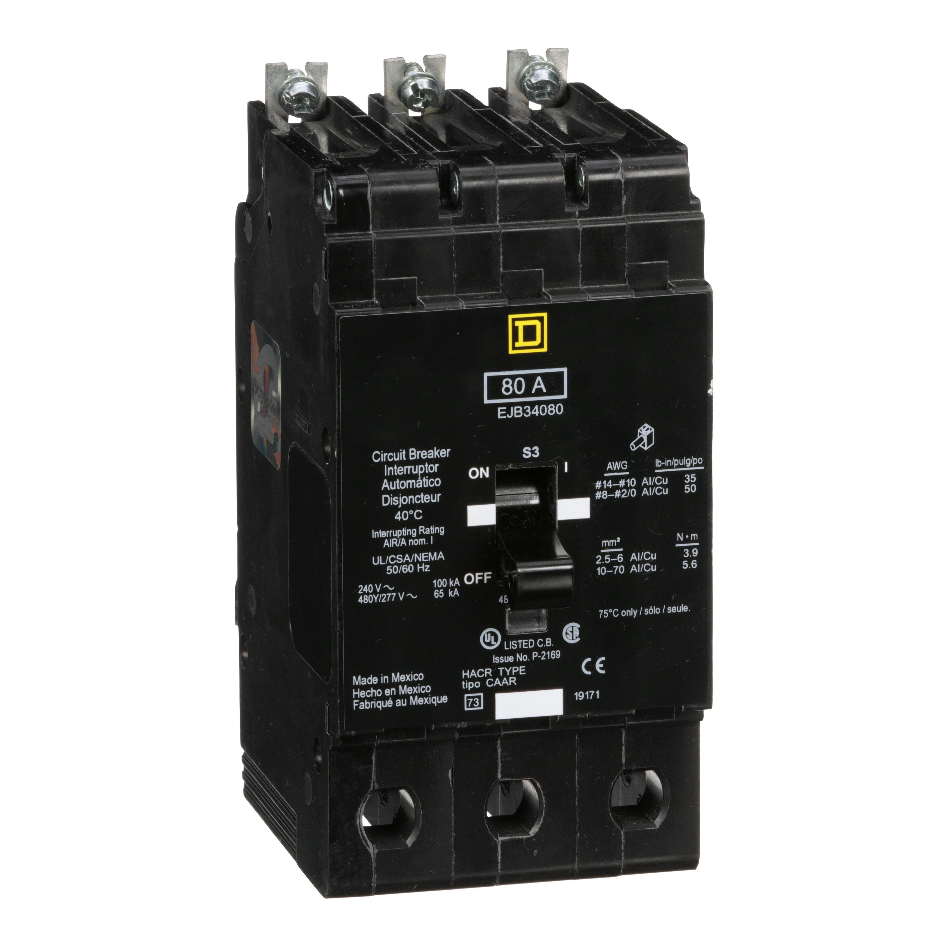 Picture of EJB34080 - Mini circuit breaker, E-Frame, 80A, 3 pole, 480Y/277VAC, 100kA max, bolt on [TAA]