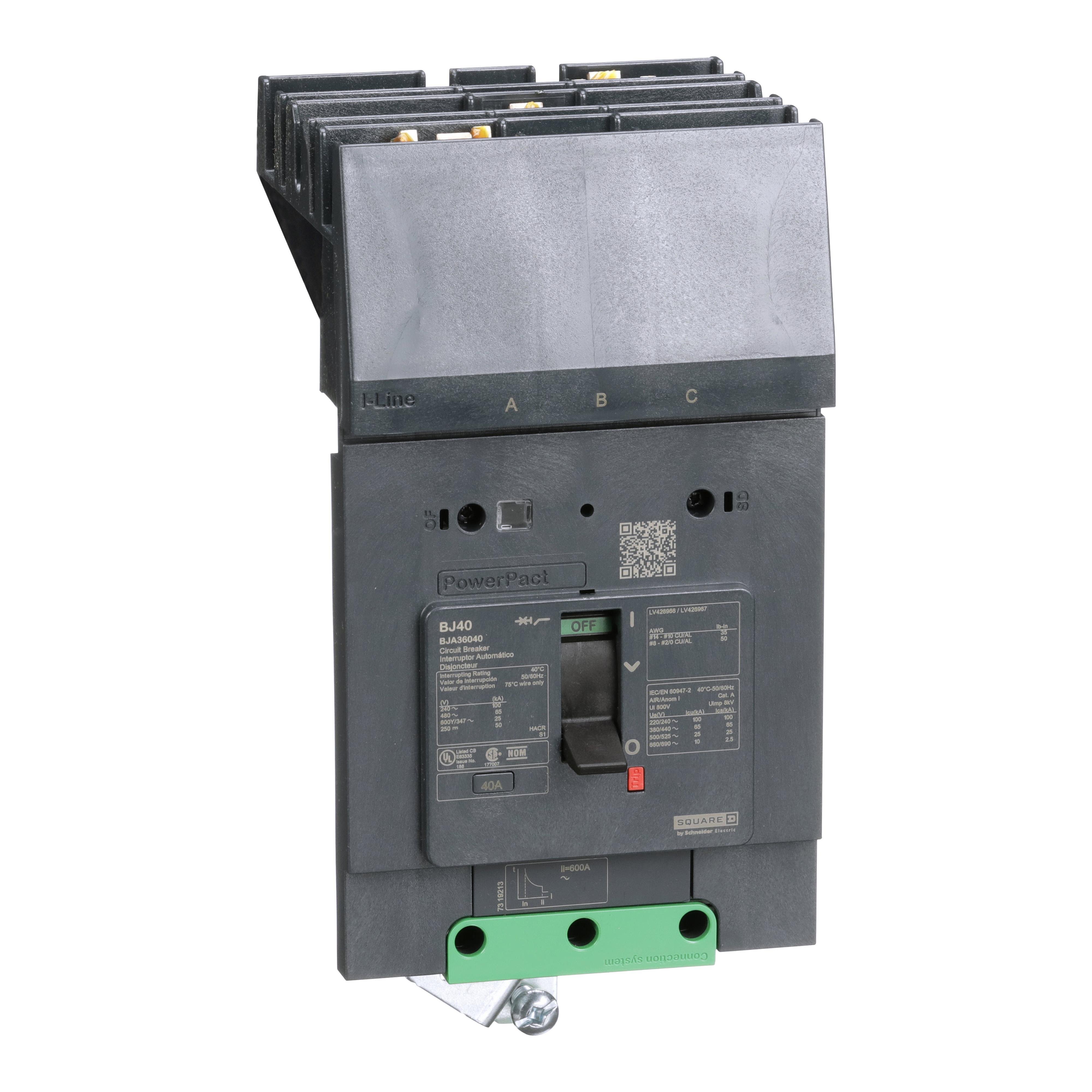 BJA36040 - Circuit breaker, PowerPacT B, 40A, 3 pole, 600Y/347VAC, 25kA, I-Line, thermal magnetic, 80%, ABC