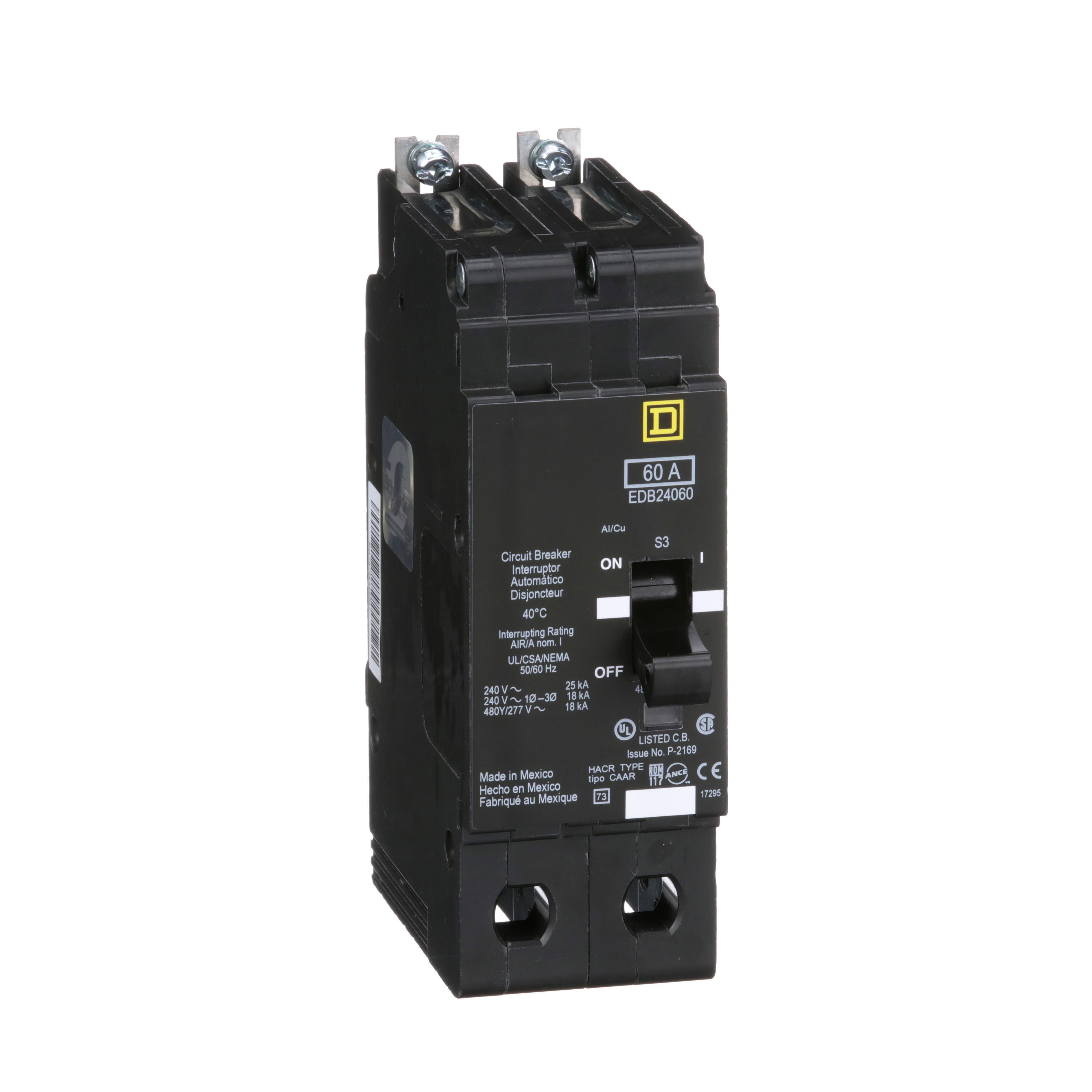 Picture of EDB24060 - Mini circuit breaker, E-Frame, 60A, 2 pole, 480Y/277VAC, 25kA max, bolt on [TAA]