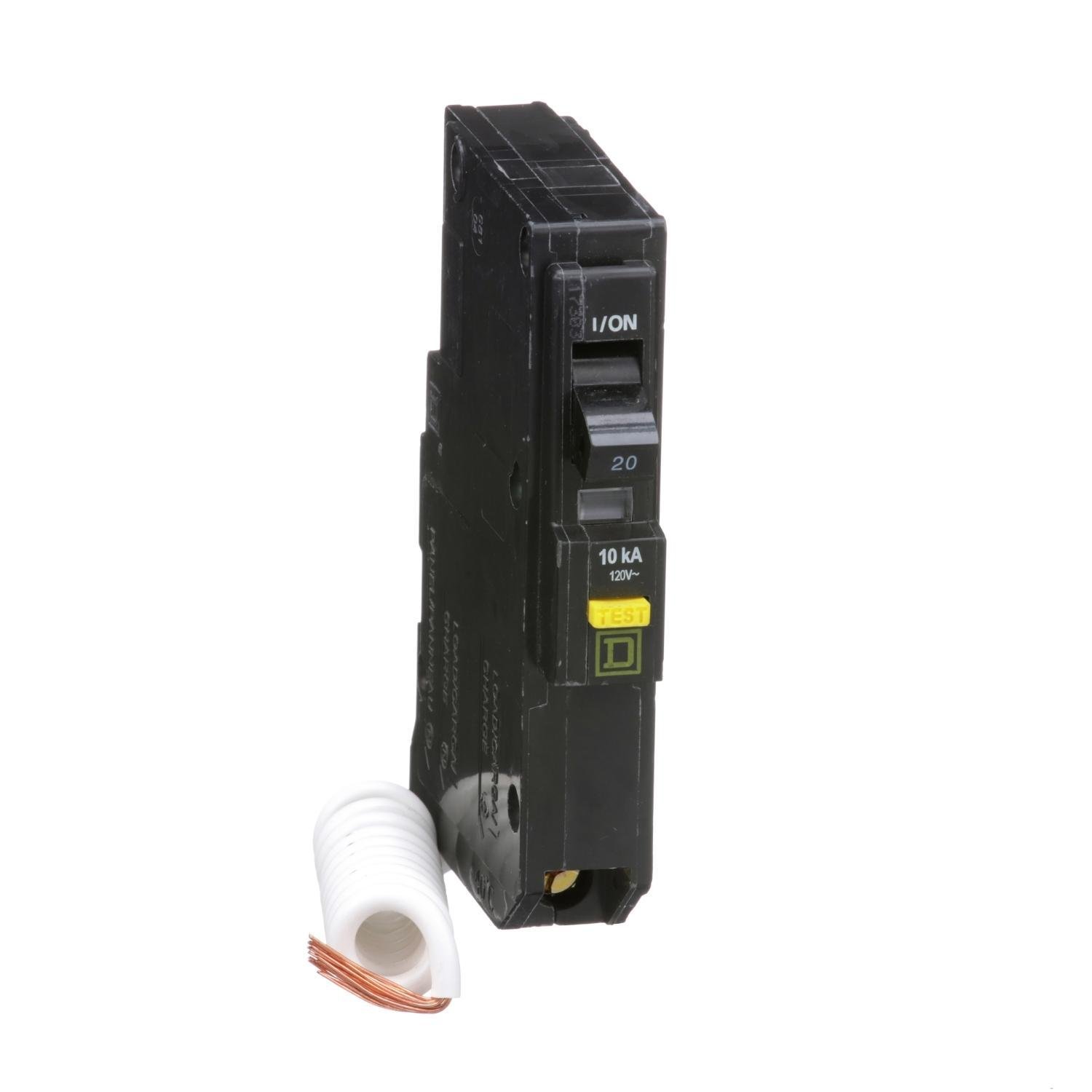 Picture of QO120GFI - [TAA] Mini circuit breaker, QO, 20A, 1 pole, 120VAC, 10kA, plug in, 6mA grd fault A, pigtail