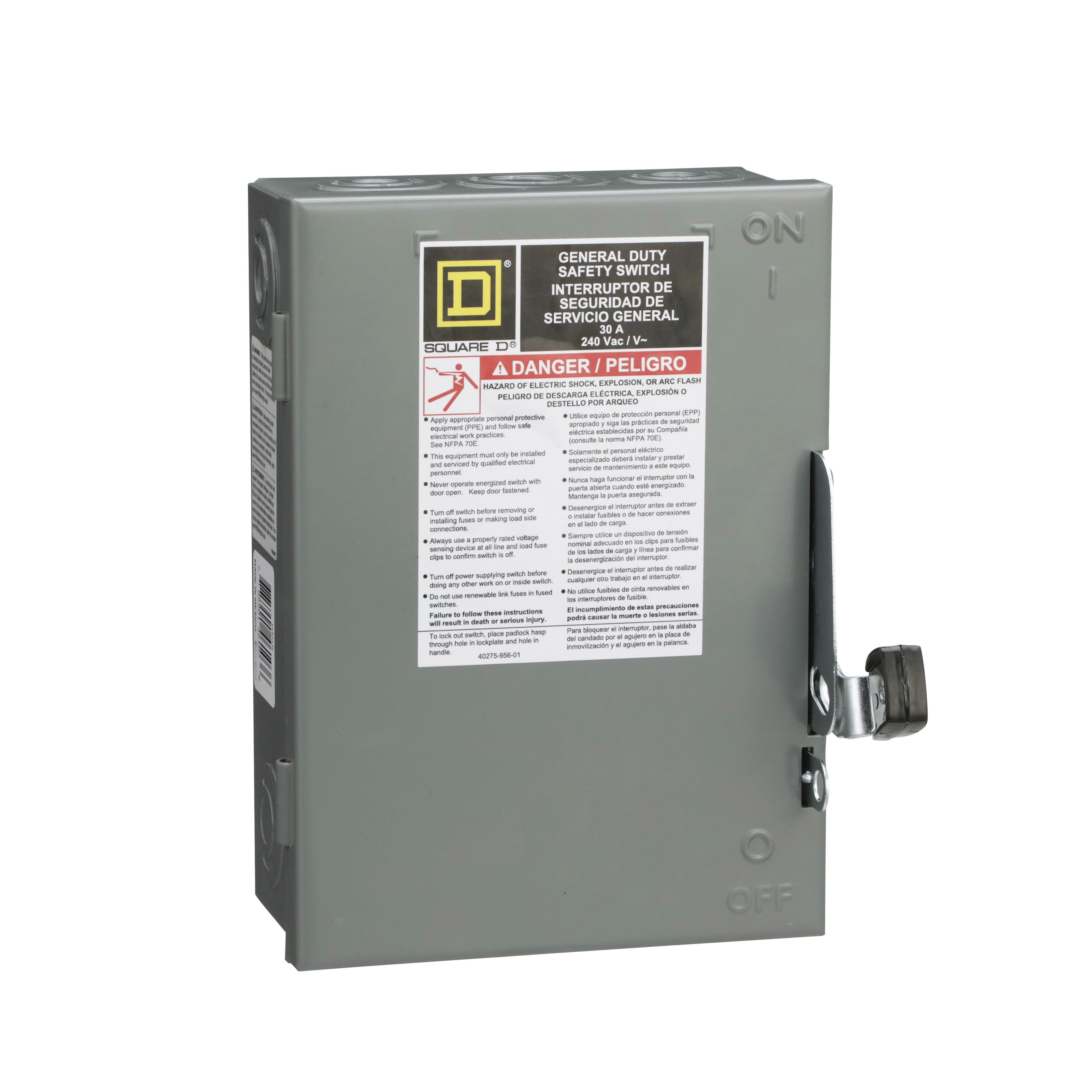 Picture of D321N - Safety switch, general duty, fusible, 30A, 3 pole, 7.5hp, 240VAC, NEMA 1, neutral factory installed