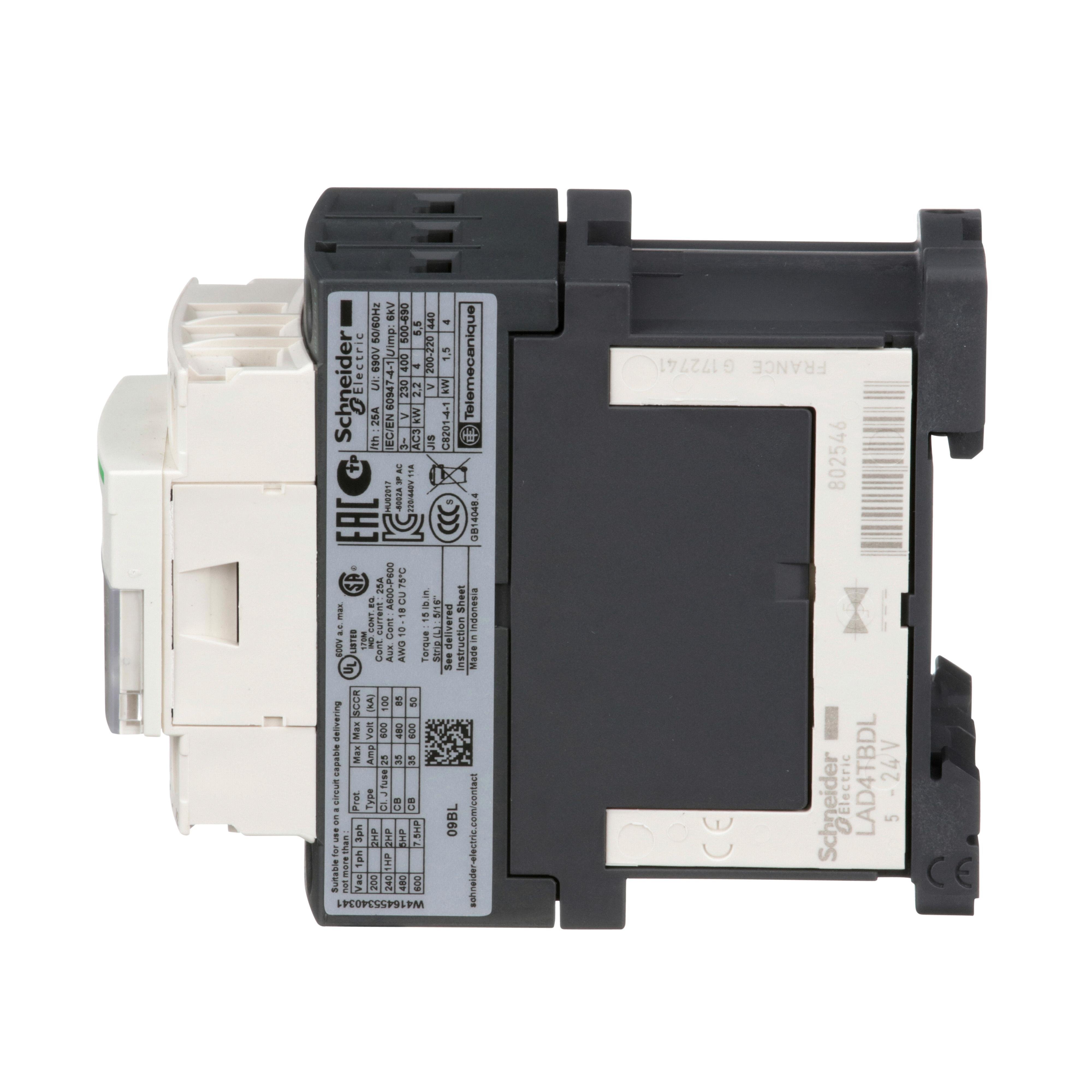 Picture of LC1D09BL - IEC contactor, TeSys Deca, nonreversing, 9A, 5HP at 480VAC, up to 100kA SCCR, 3 phase, 3 NO, low consumption 24VDC coil