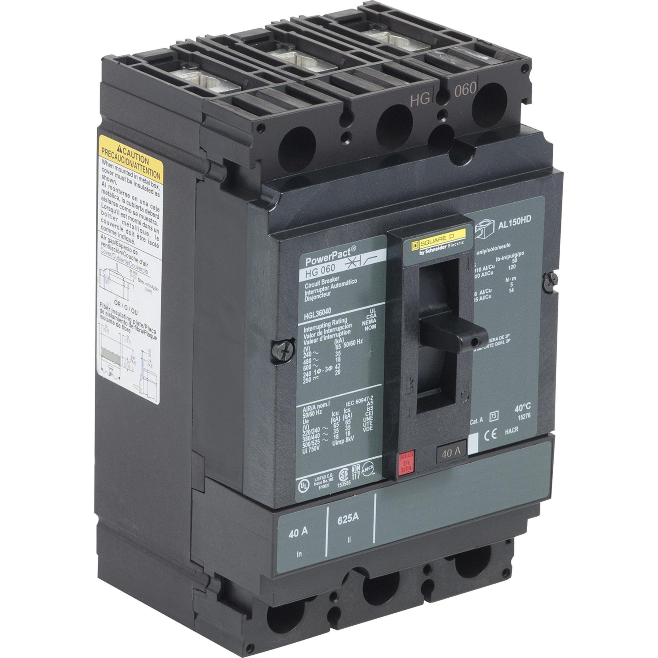 HGL36040 - Circuit breaker, PowerPacT H, 40A, 3 pole, 600VAC, 18kA, lugs, thermal magnetic, 80%