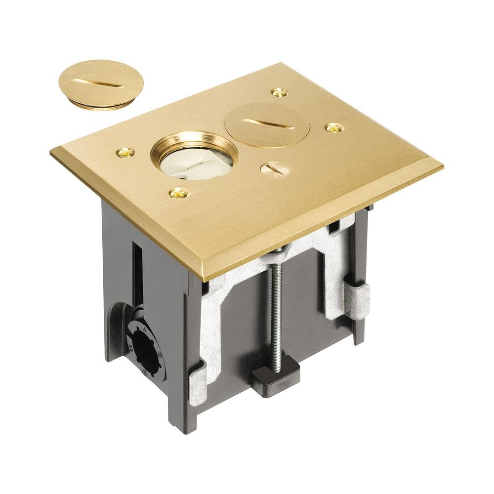 FLBA101MB - Metallic adjustable floor box. Brass with threaded plugs. Includes tamper resistant duplex receptacle, cover plate with gasket and Arlington NM94 connector and Arlington NM900 knockout plug.