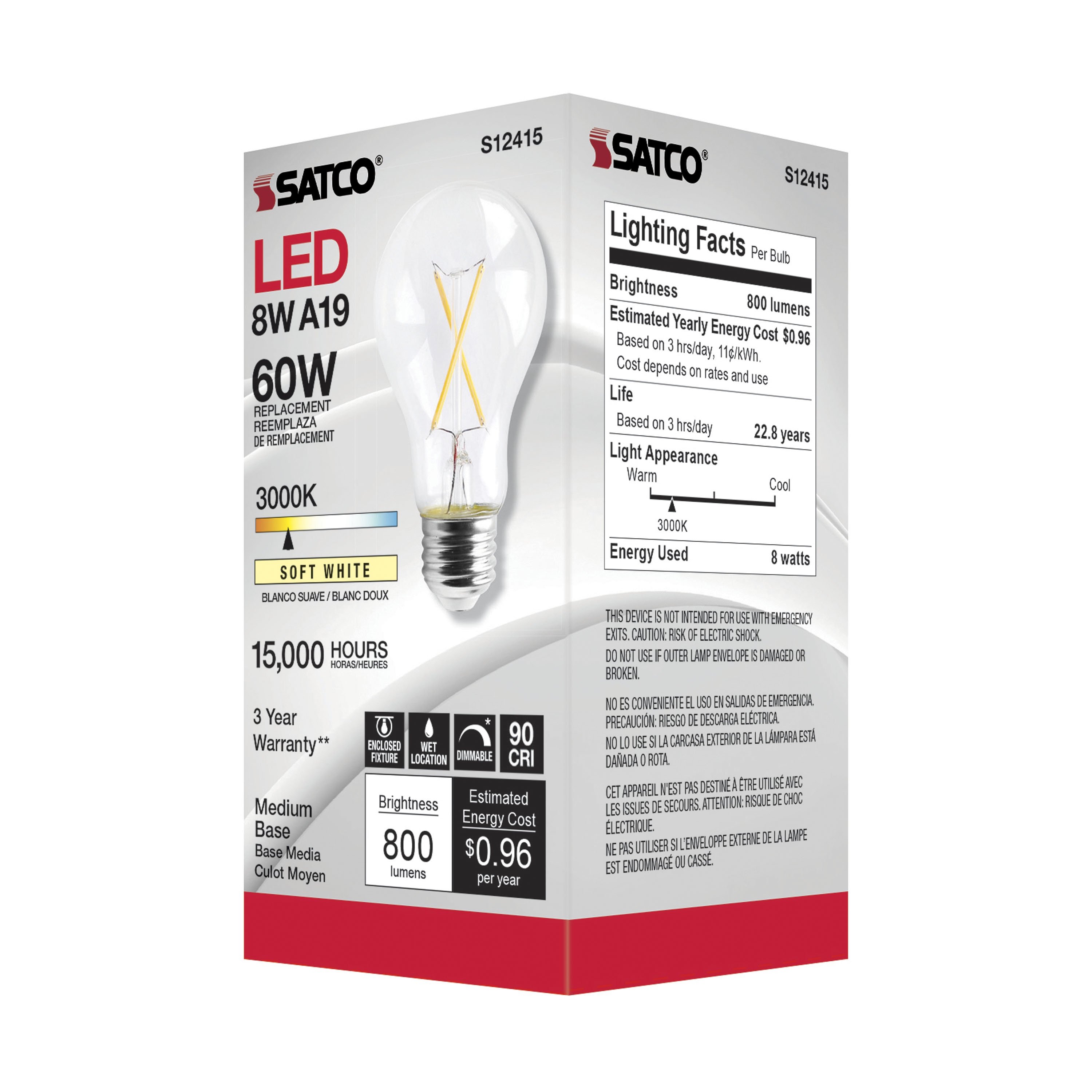 Picture of S12415 - 8 Watt LED A19 - Clear - Medium Base - 3000K - 90 CRI - 120 Volt