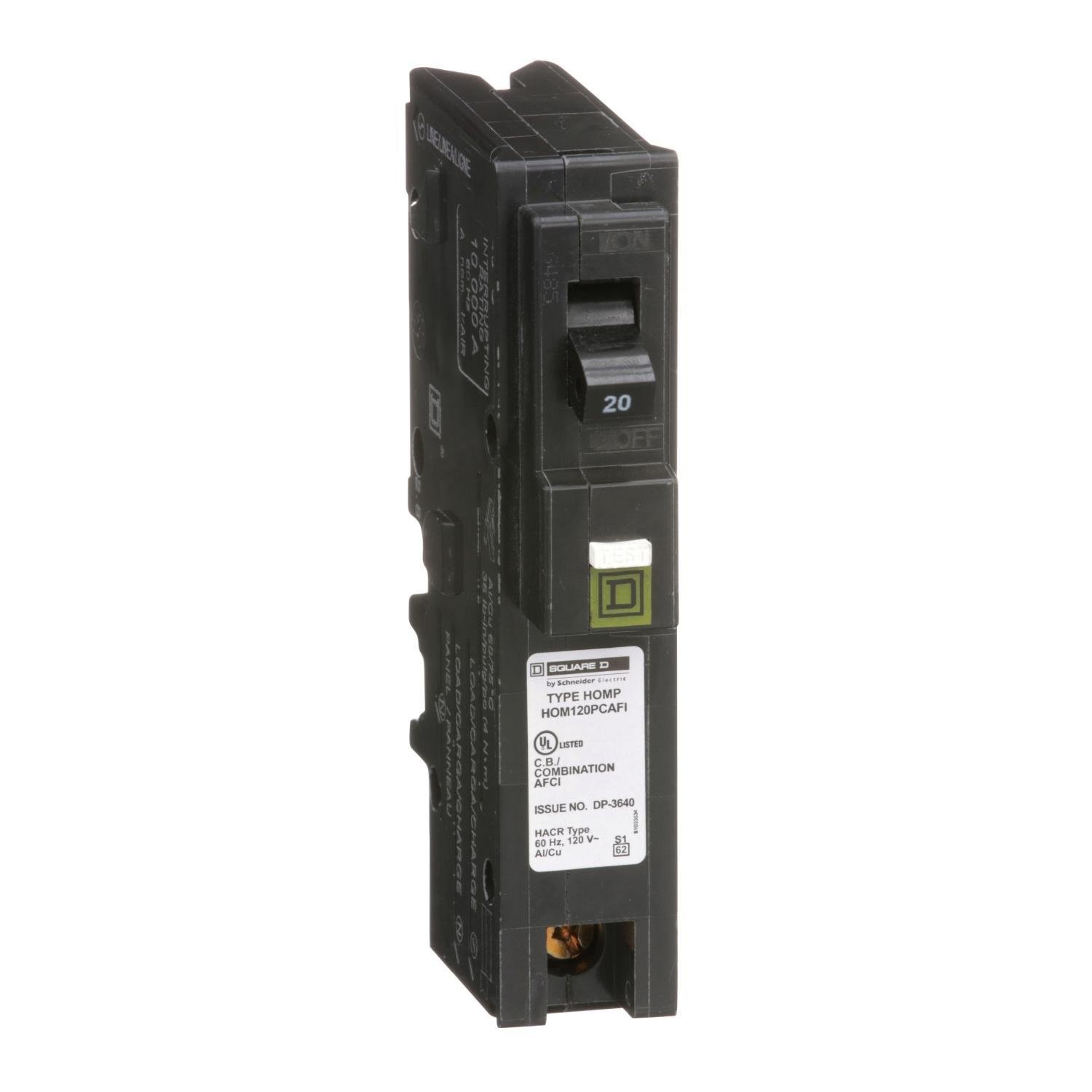 HOM120PCAFI - [TAA] Mini circuit breaker, Homeline, 20A, 1 pole, 120VAC, 10kA AIR, combo arc fault, plug on neutral, plug in, UL