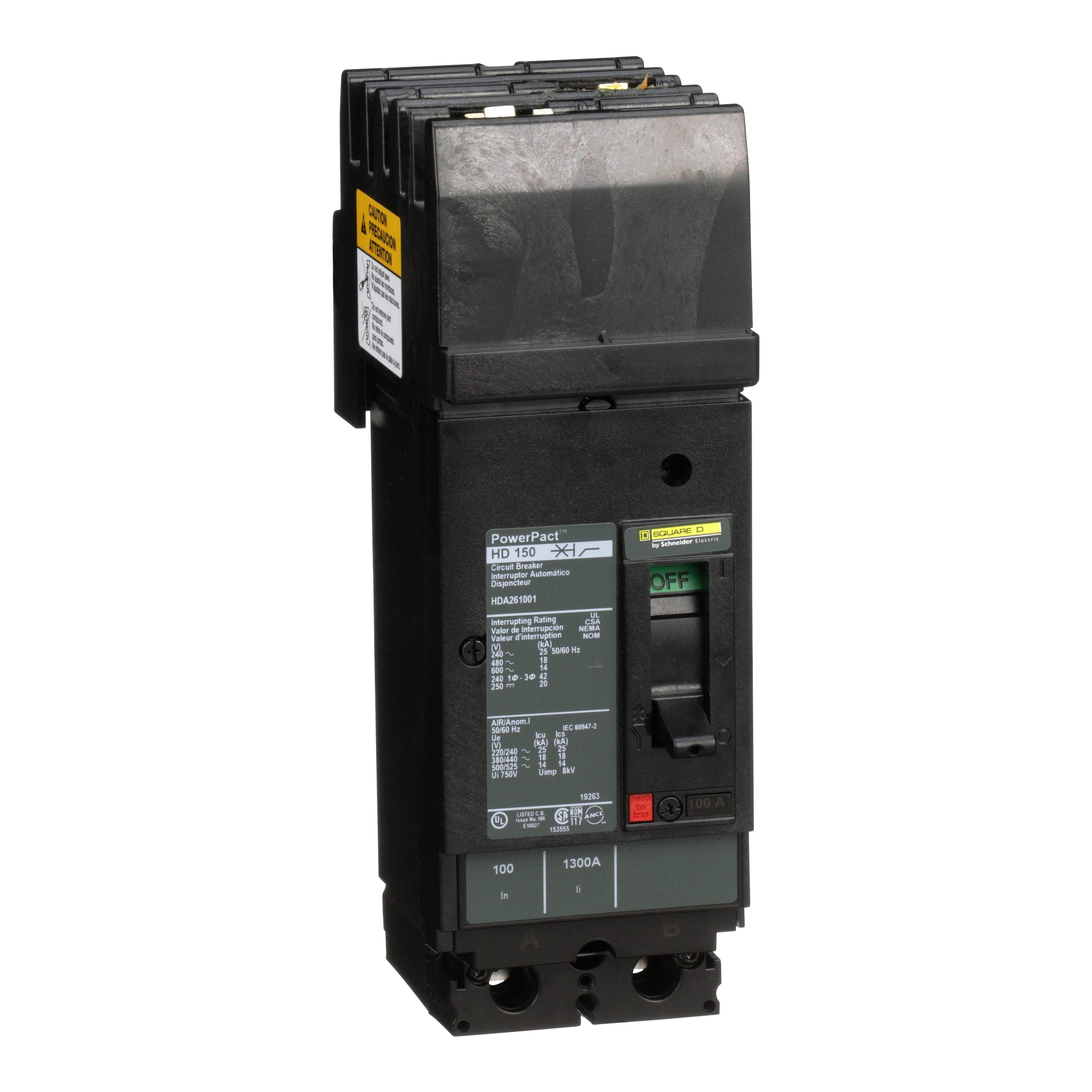 HDA261001 - Circuit breaker, PowerPacT H, 100A, 2 pole, 600VAC, 14kA, I-Line, thermal magnetic, 80%, AB