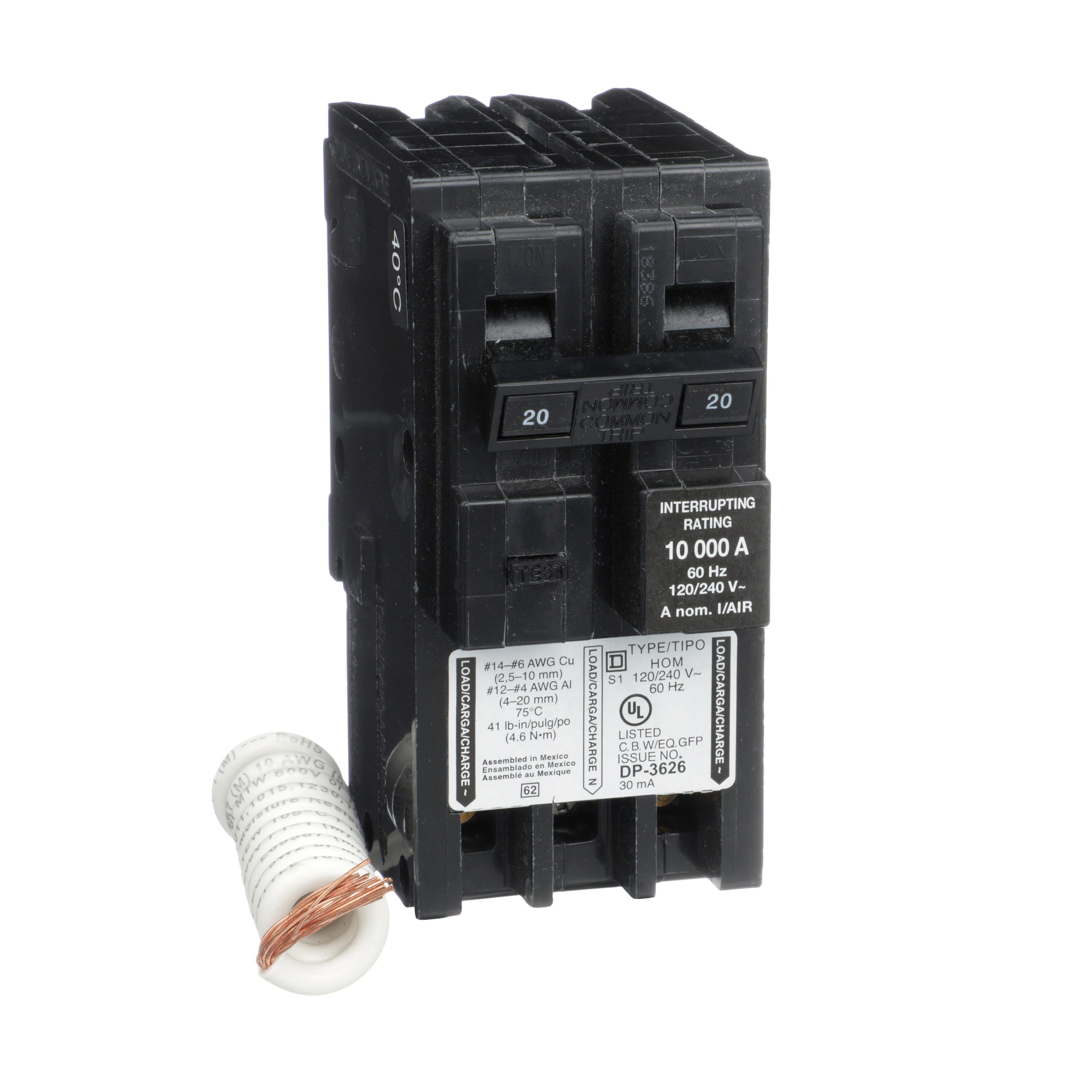 Picture of HOM220EPD - Mini circuit breaker, Homeline, 20A, 2 pole, 120/240VAC, 10kA AIR, ground fault class B, plug in, UL [TAA]