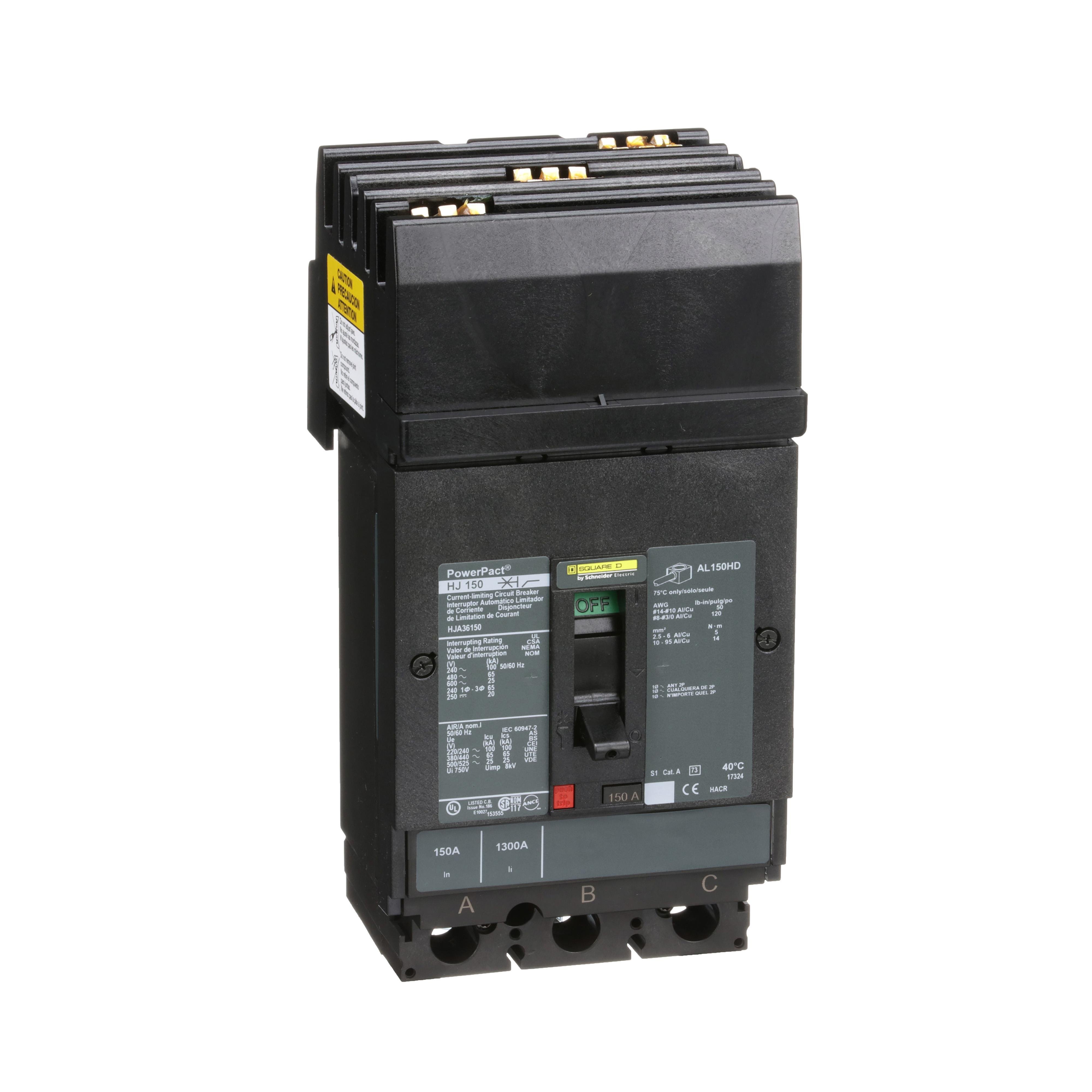 HJA36150 - Circuit breaker, PowerPacT H, 150A, 3 pole, 600VAC, 25kA, I-Line, thermal magnetic, 80%, ABC