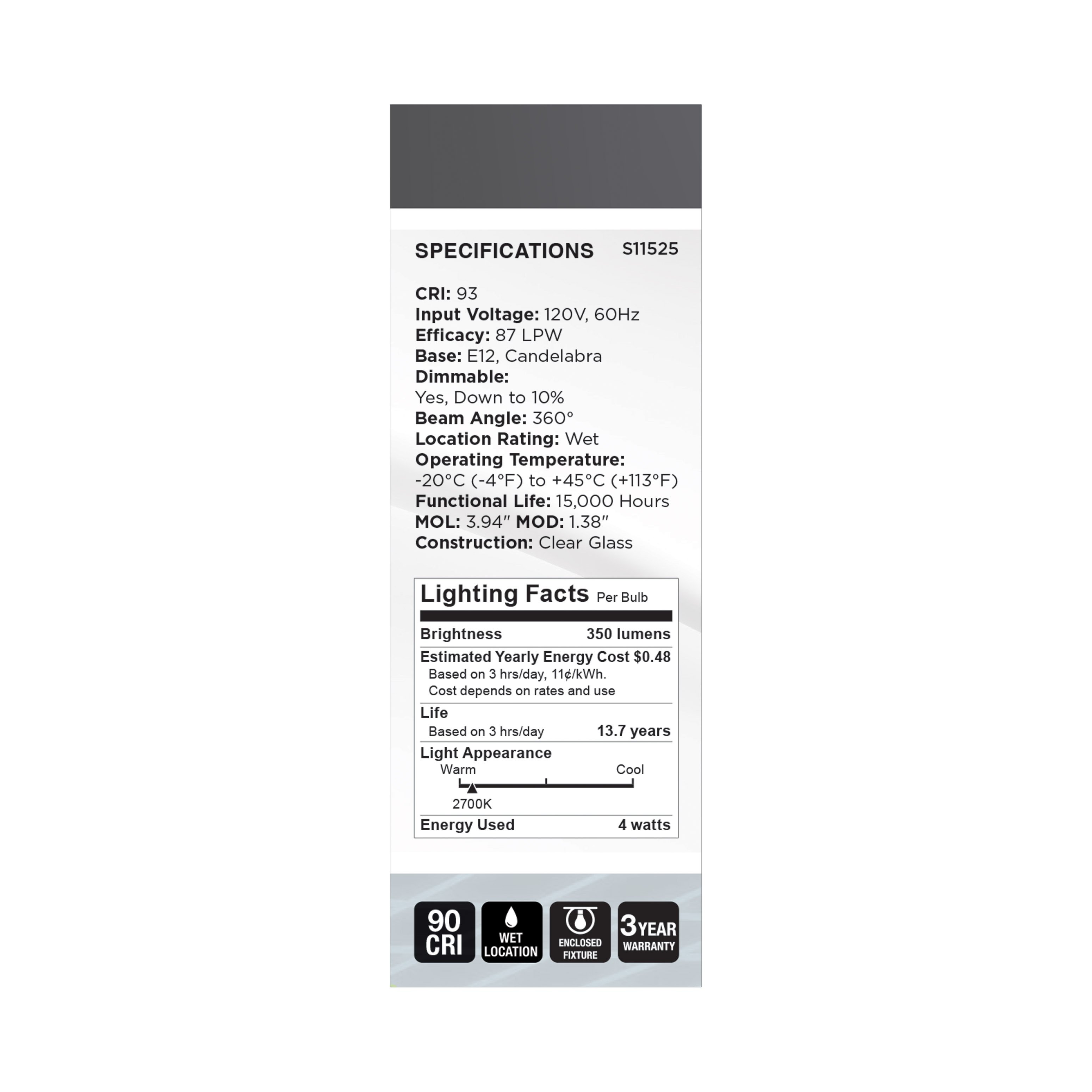 Picture of S11525 - 4 Watt LED - Reminiscent - Flex Gray Coil Filament - B11 - Candelabra Base - 2700K CCT - Clear - 120 Volt