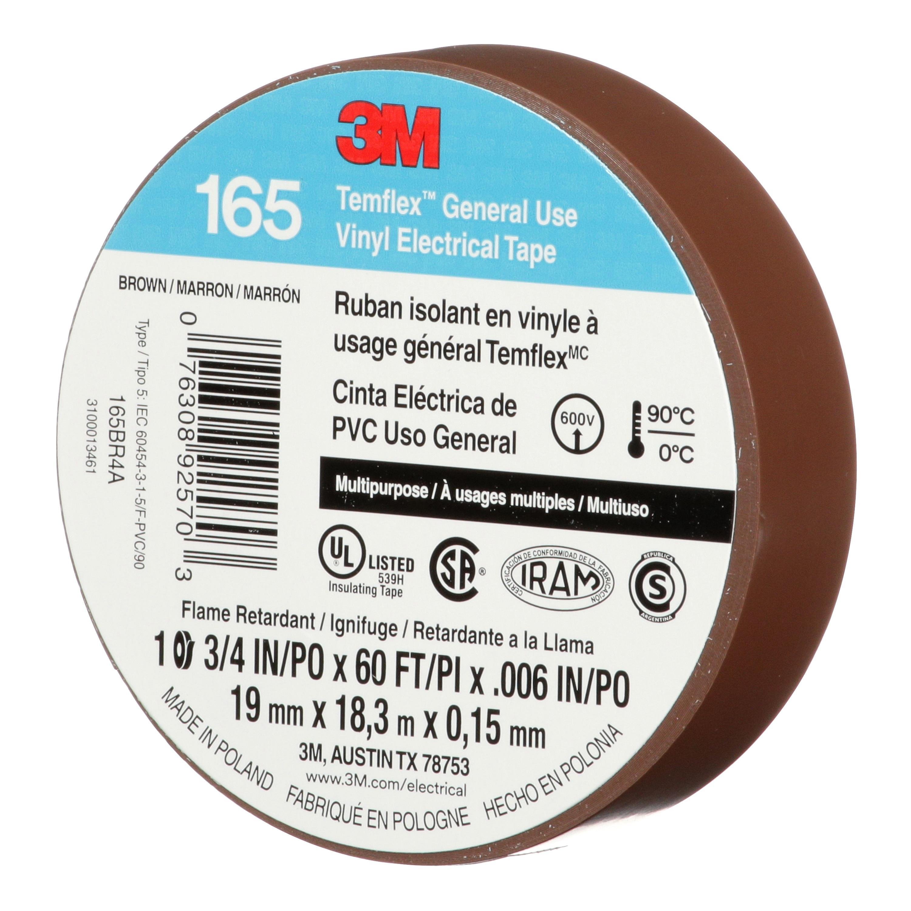 Picture of 7100169191 - 3M™ Temflex™ Vinyl Electrical Tape 165, Brown, 3/4 in x 60 ft (19 mm x 18 m), 6 mil, 100 Rolls/Case