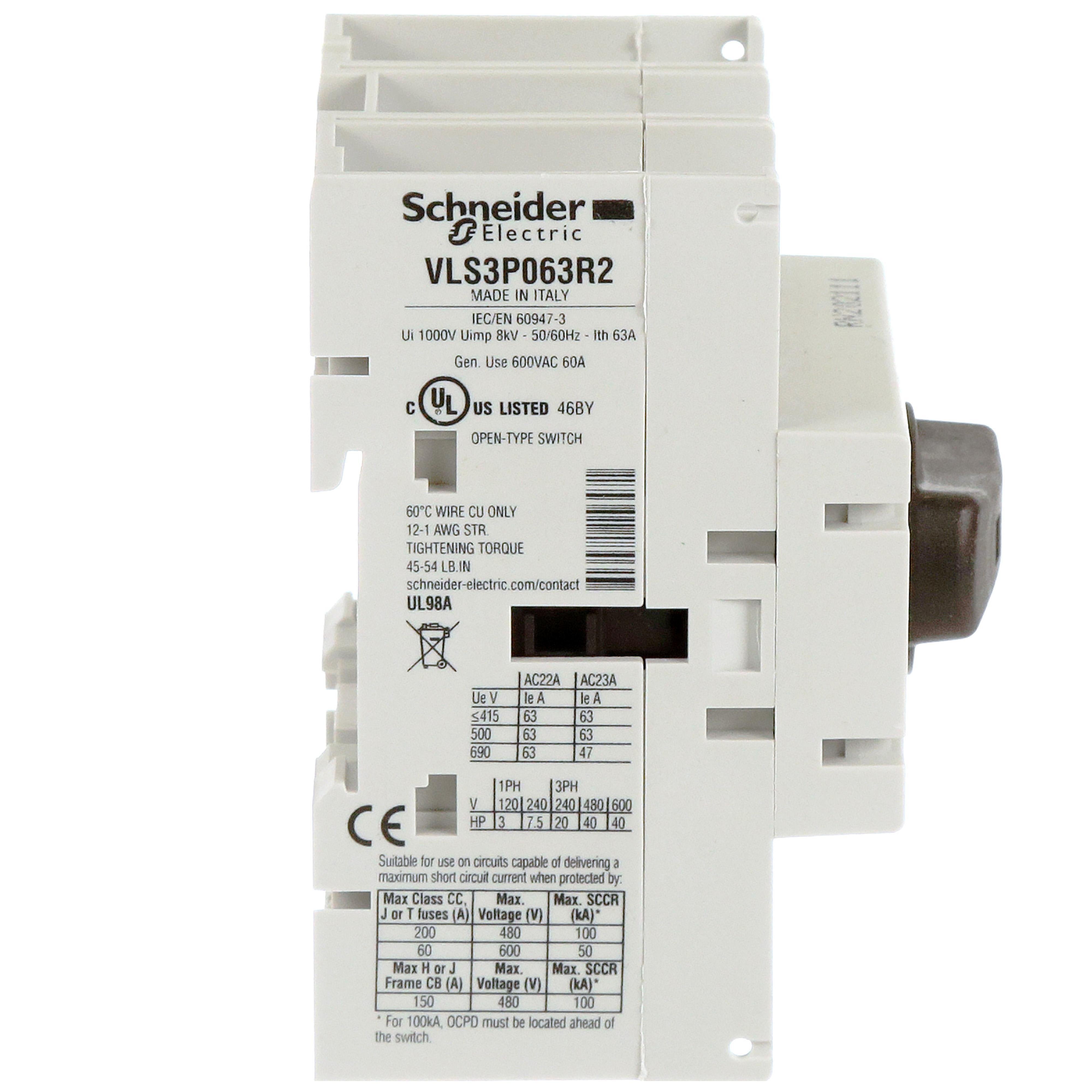 Picture of VLS3P063R2 - Disconnect switch, TeSys VLS, body switch, 60A, 40HP at 480VAC, UL98, three phase, 50kA SCCR, size 2, DIN rail mount