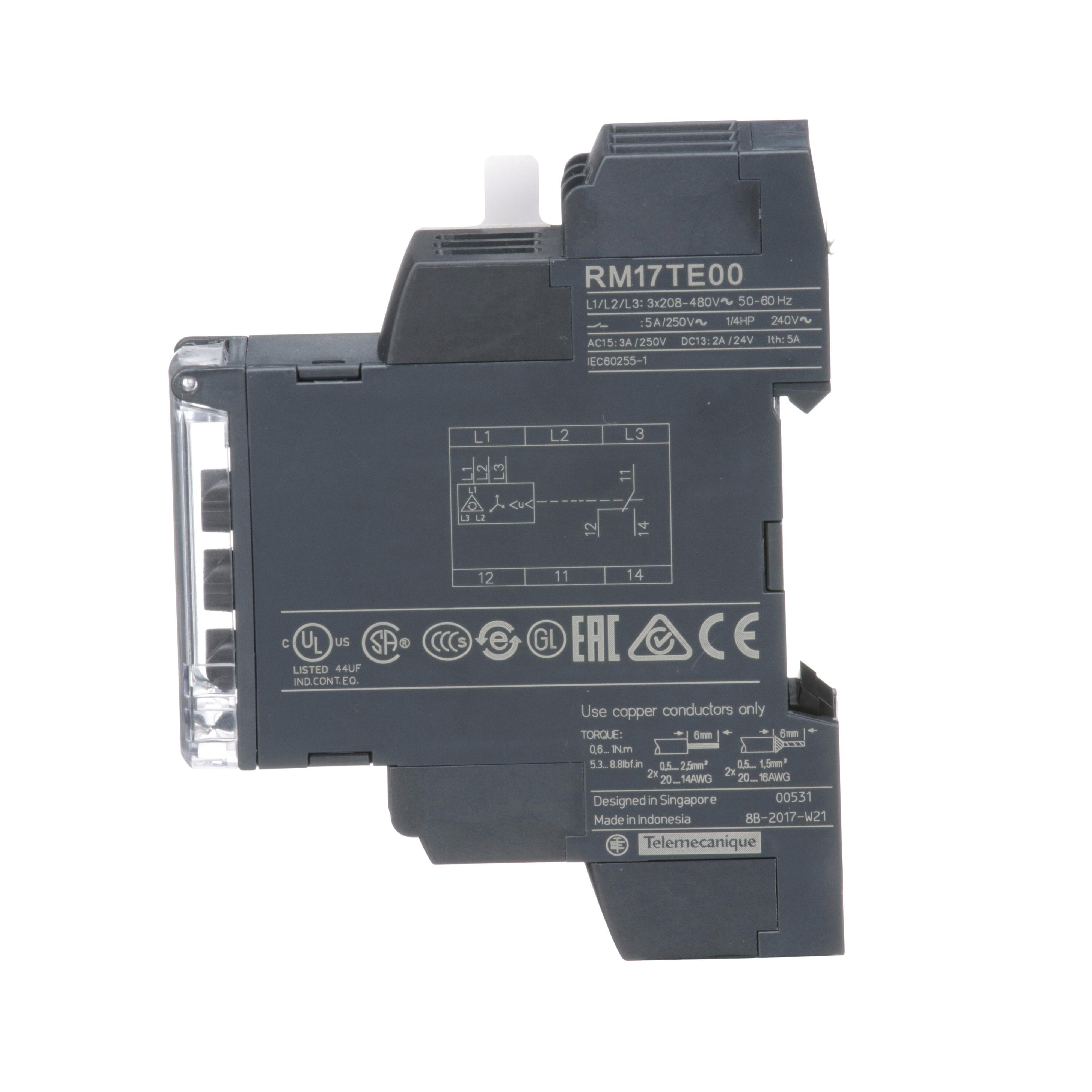 Picture of RM17TE00 - Harmony, 3 phase supply control relay, range 208 to 480 VAC, sequence, phase failure, phase imbalance, voltage