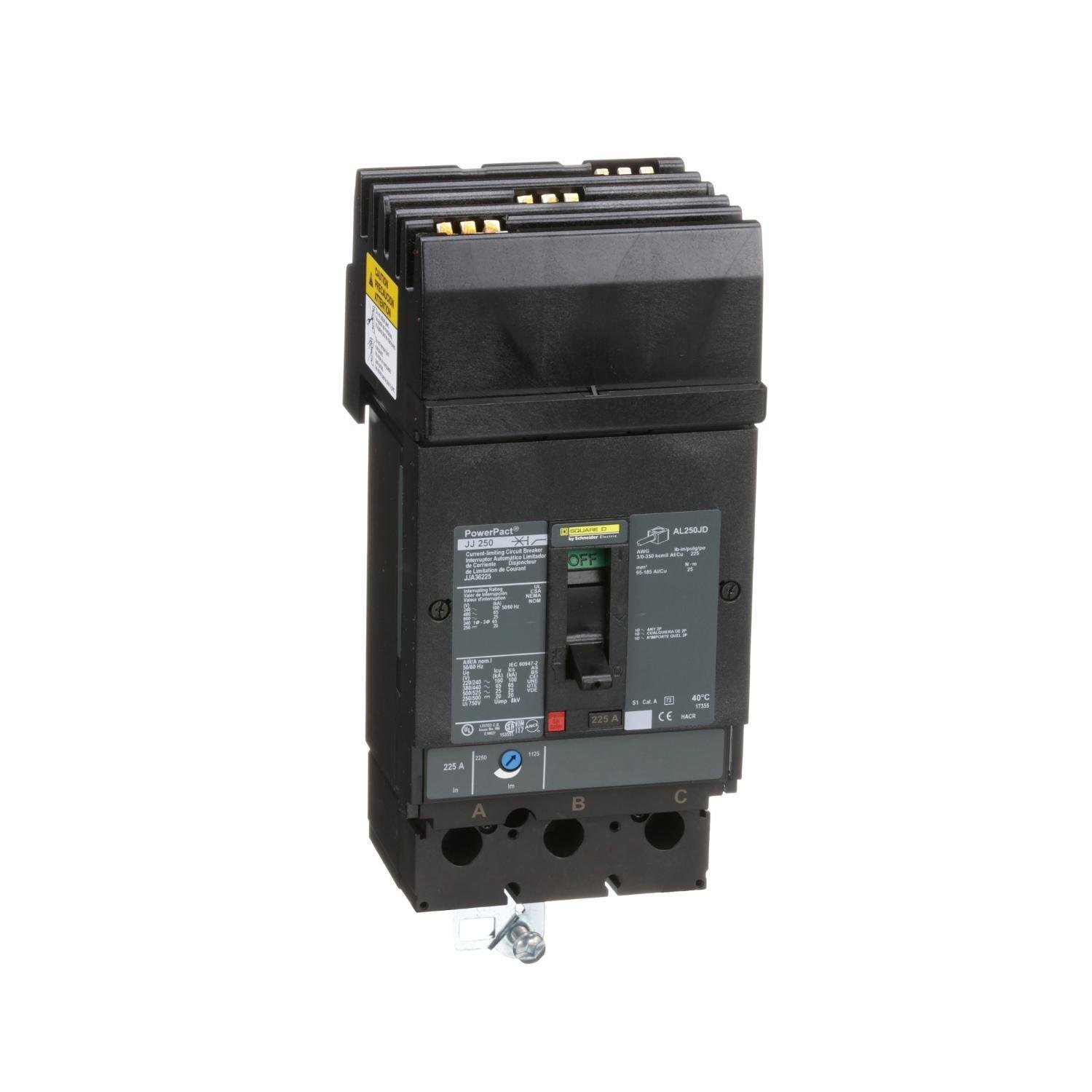JJA36225 - Circuit breaker, PowerPacT J, 225A, 3 pole, 600VAC, 25kA, I-Line, thermal magnetic, 80%, ABC