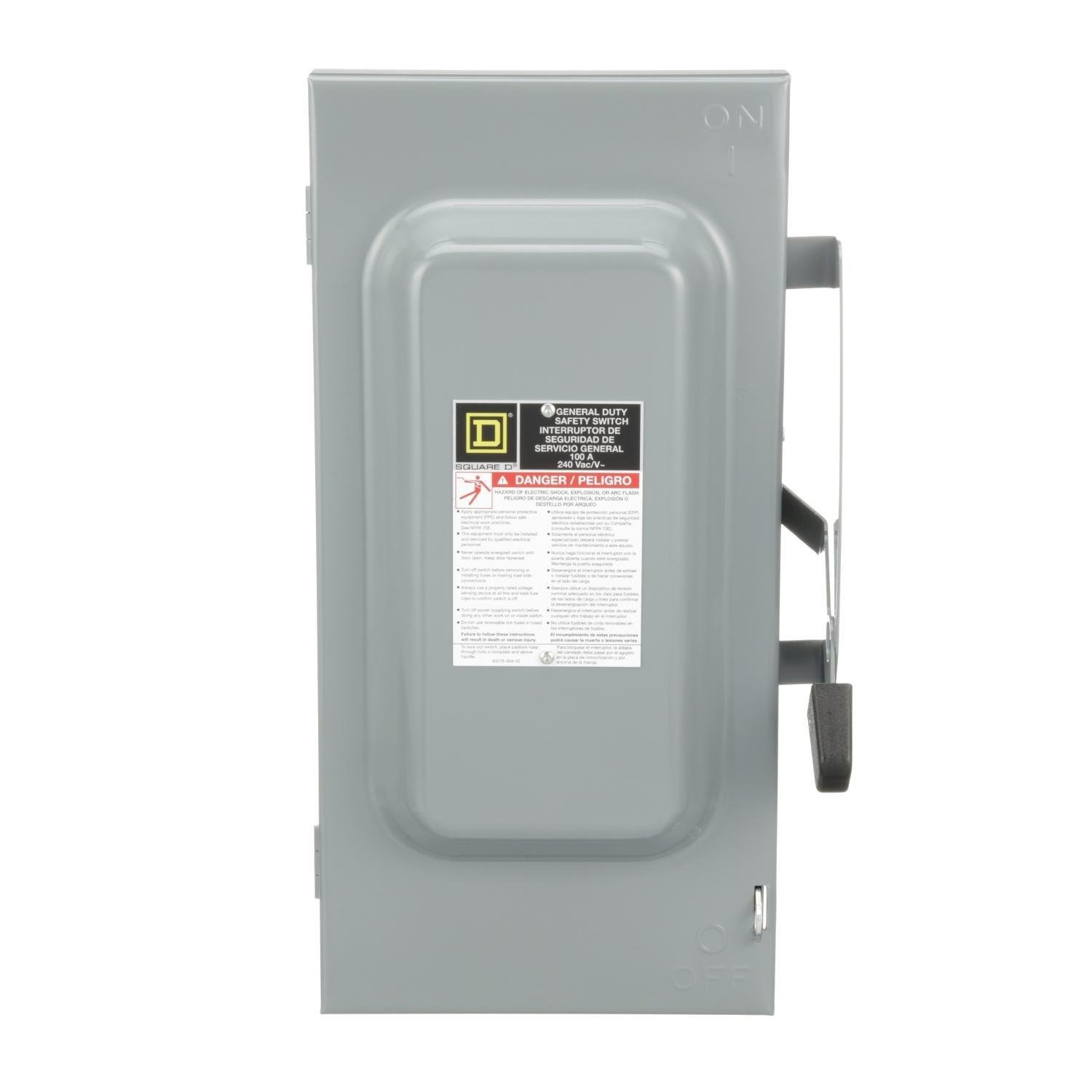 D223N - Safety switch, general duty, fusible, 100A, 2 pole, 30hp, 240VAC, NEMA 1, neutral factory installed