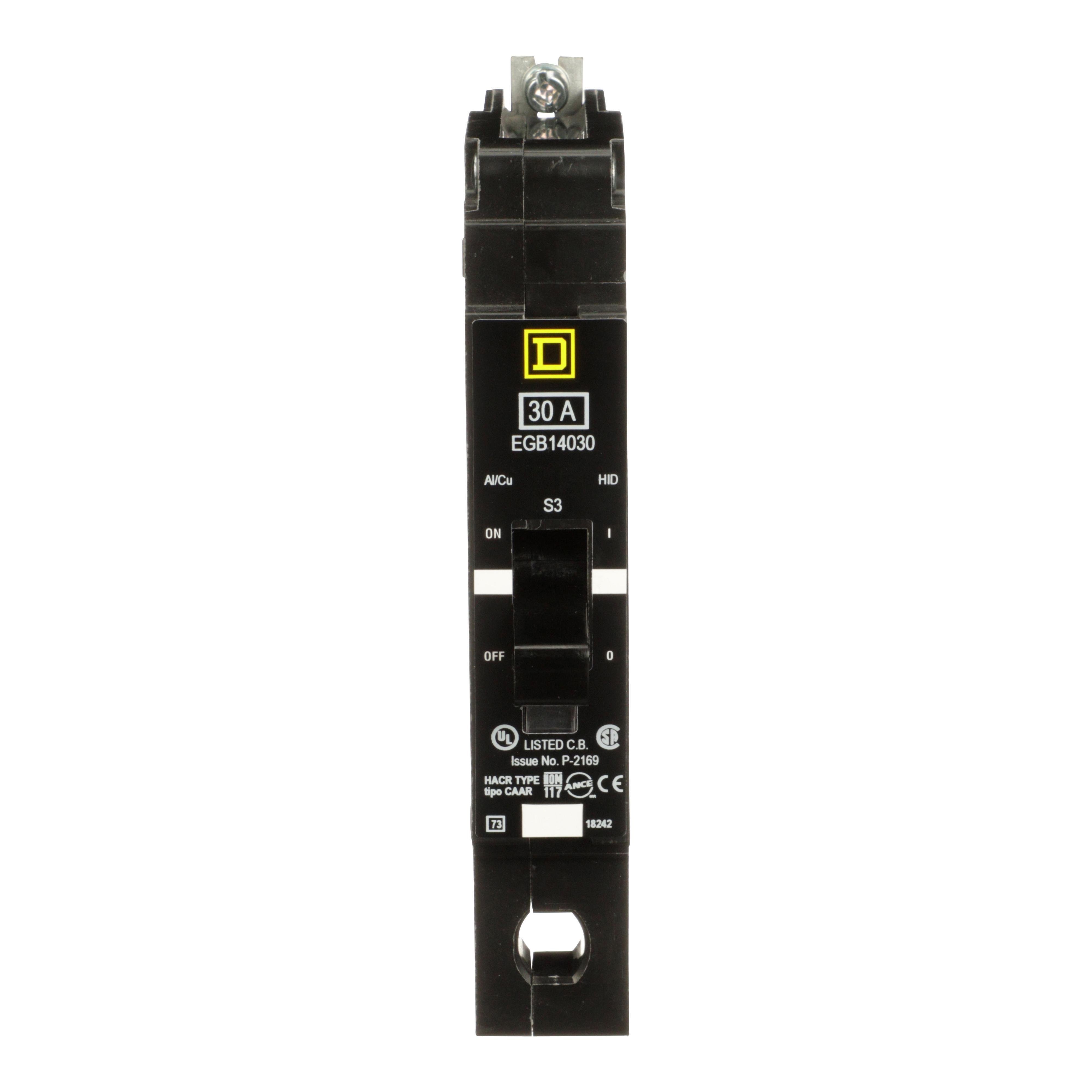 EGB14030EPD - Mini circuit breaker, E-Frame, 30A, 1 pole, 277VAC, 65kA max, bolt on, 30mA ground fault protection [TAA]