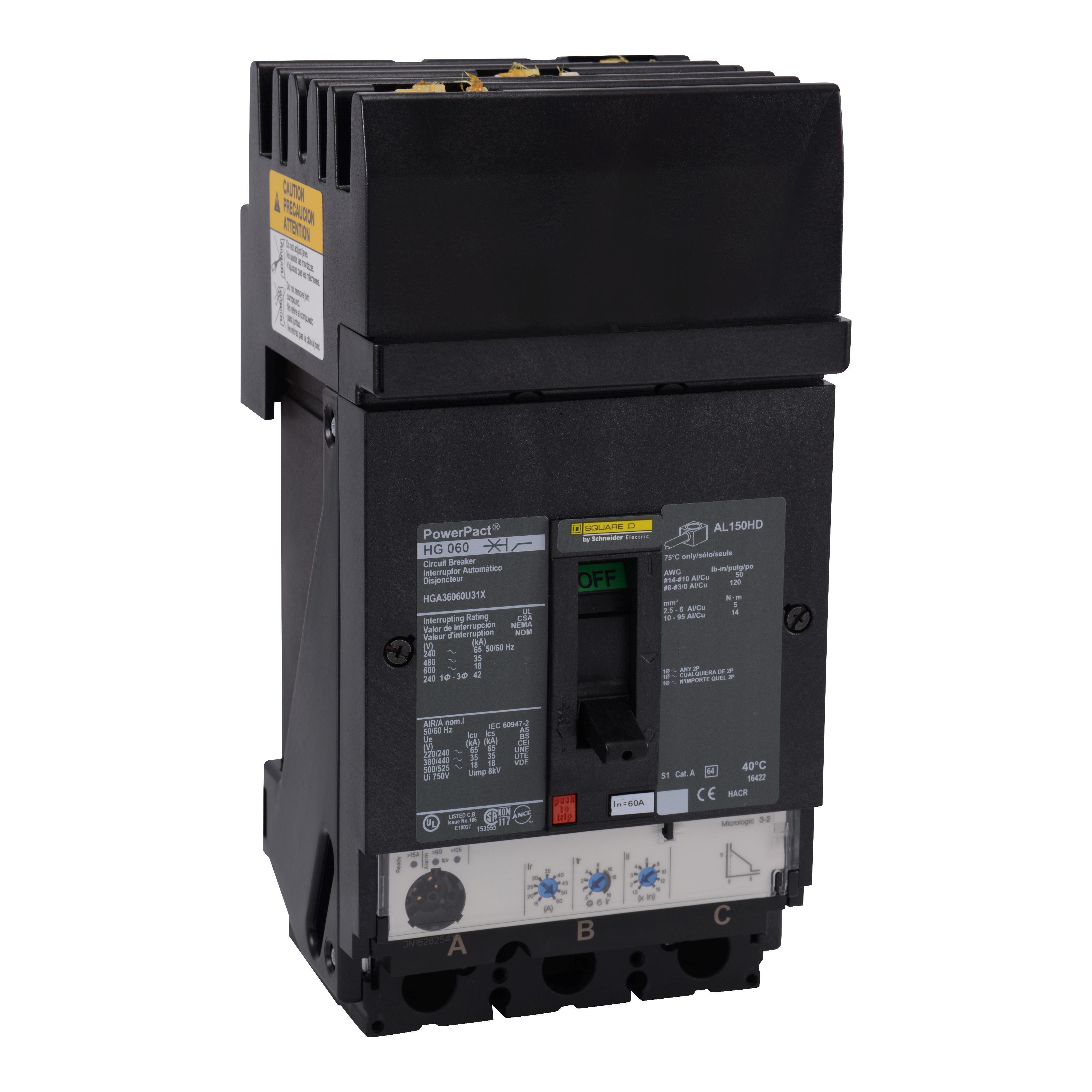 HGA36060U31X - Circuit breaker, PowerPacT H, 60A, 3 pole, 600VAC, 18kA, I-Line, Micrologic 3.2, 80%, ABC