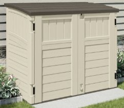 BMS2500 - 34 Cu Ft Capacity Horizontal Outdoor Storage Shed for Garbage Cans, Garden Accessories, Backyard, and Patio Use, Vanilla