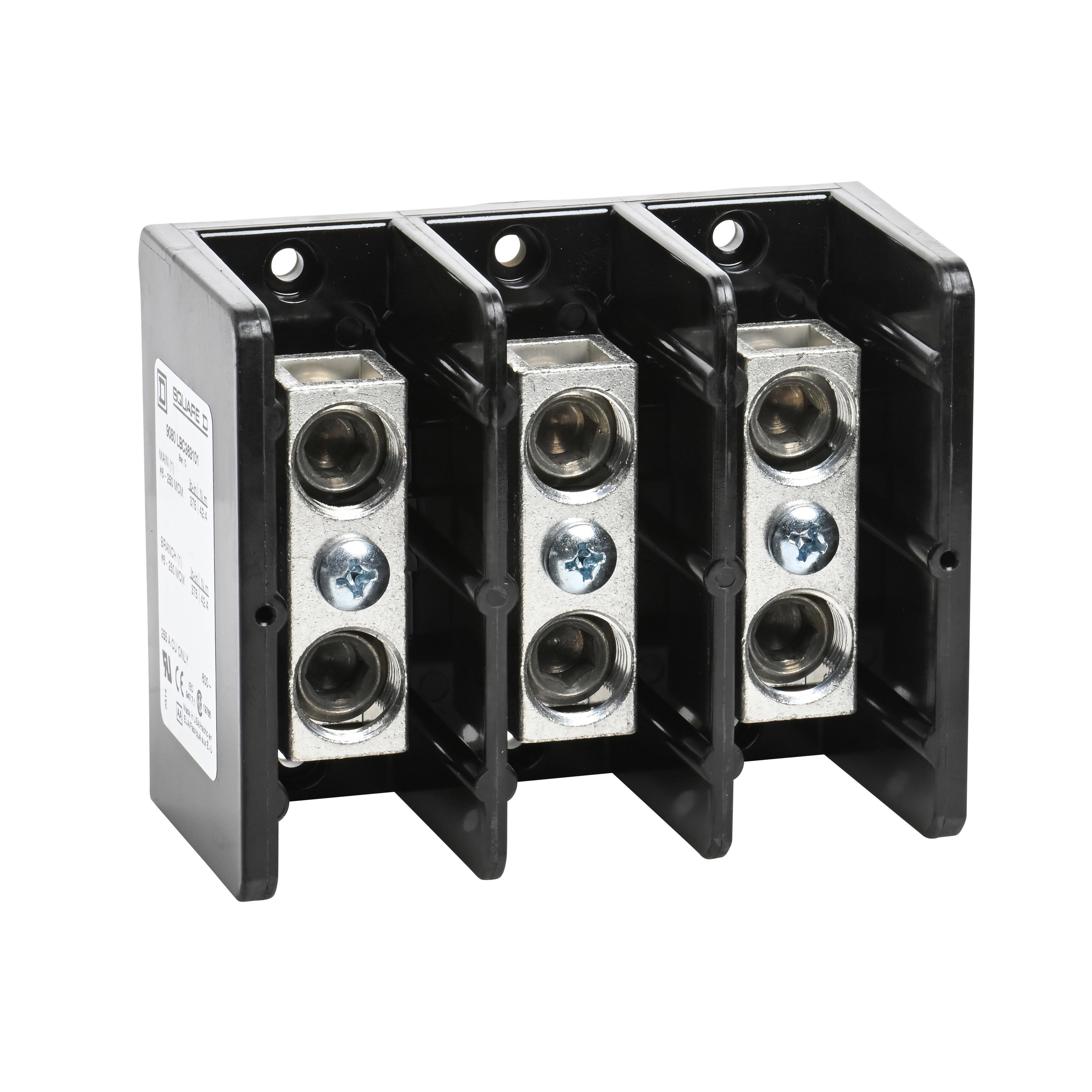 Picture of 9080LBC363101 - Power distribution block, Linergy, 3 pole, 1 line, 1 load, 255A Cu, 600V
