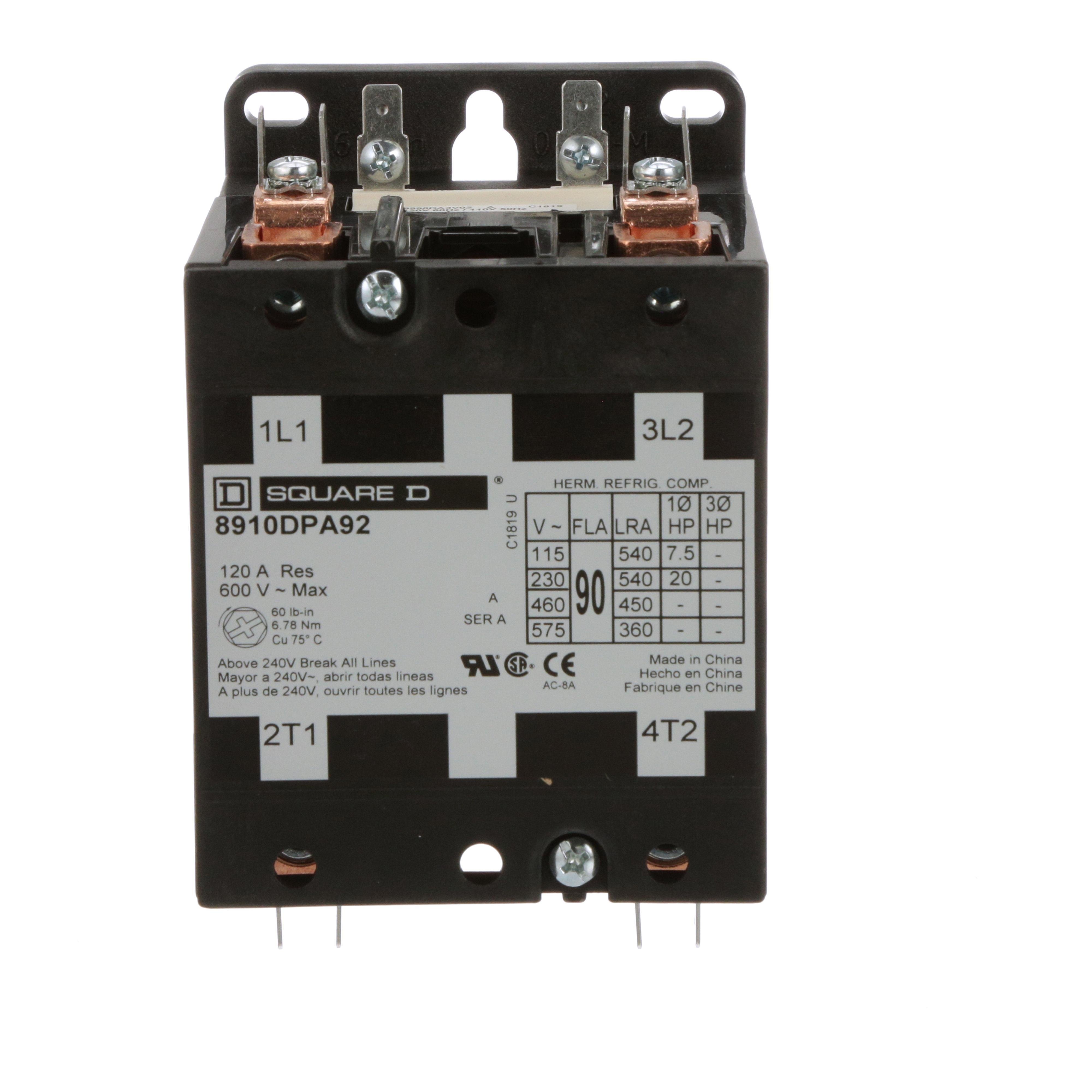 8910DPA92V02 - Contactor, Definite Purpose, 90A, 2 pole, 20HP at 230VAC, 1 phase, 110/120VAC 50/60Hz coil, open