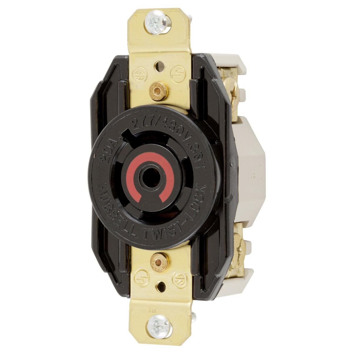 HBL2520 - Locking Devices, Twist-Lock®, Industrial, Flush Receptacle, 20A 3-Phase Wye 277/480V AC, 4-Pole 5-Wire Grounding, L22-20R, Screw Terminal, Black
