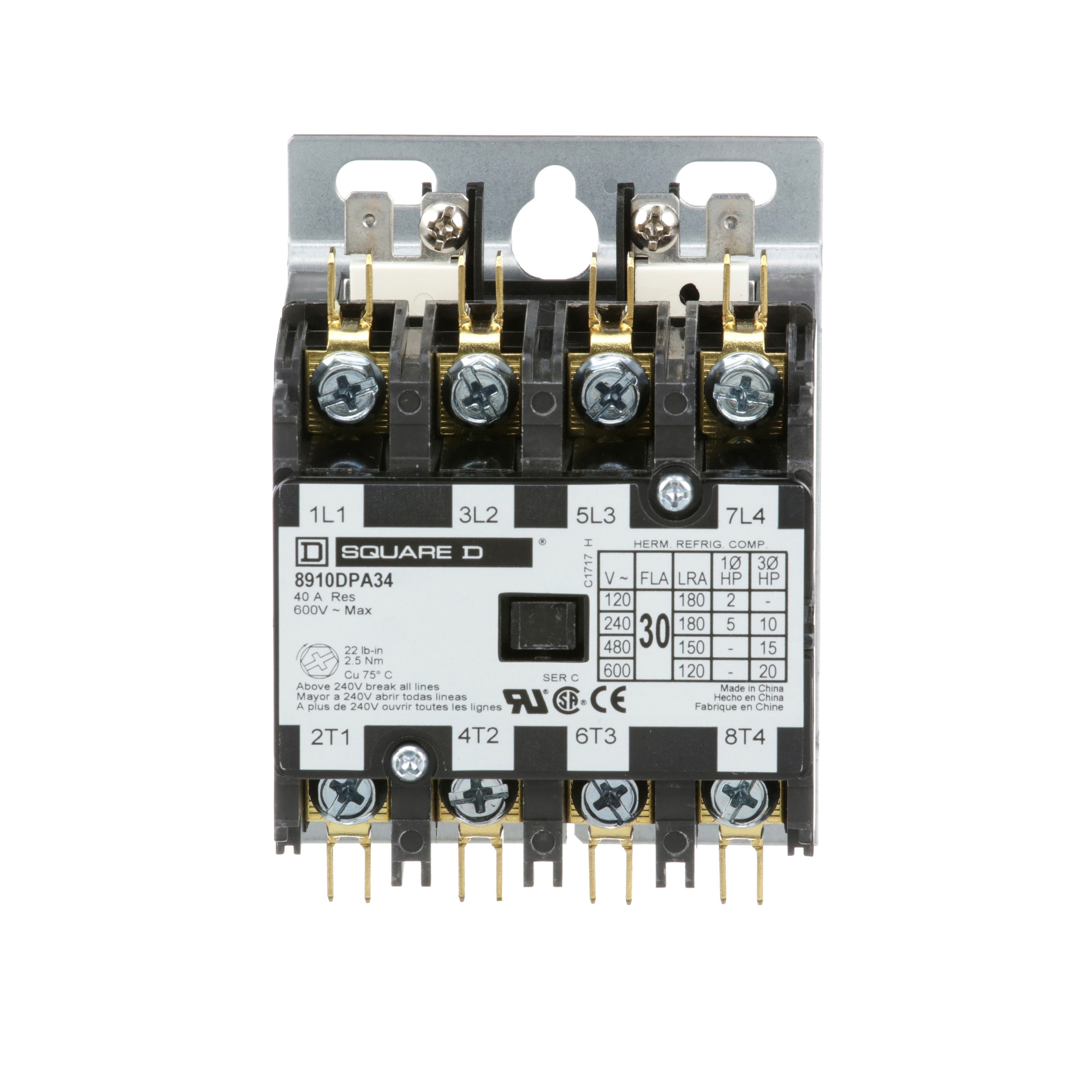 Picture of 8910DPA34V14 - Contactor, Definite Purpose, 30A, 4 pole, 20HP at 575VAC, 3 phase, 24/24VAC 50/60Hz coil, open
