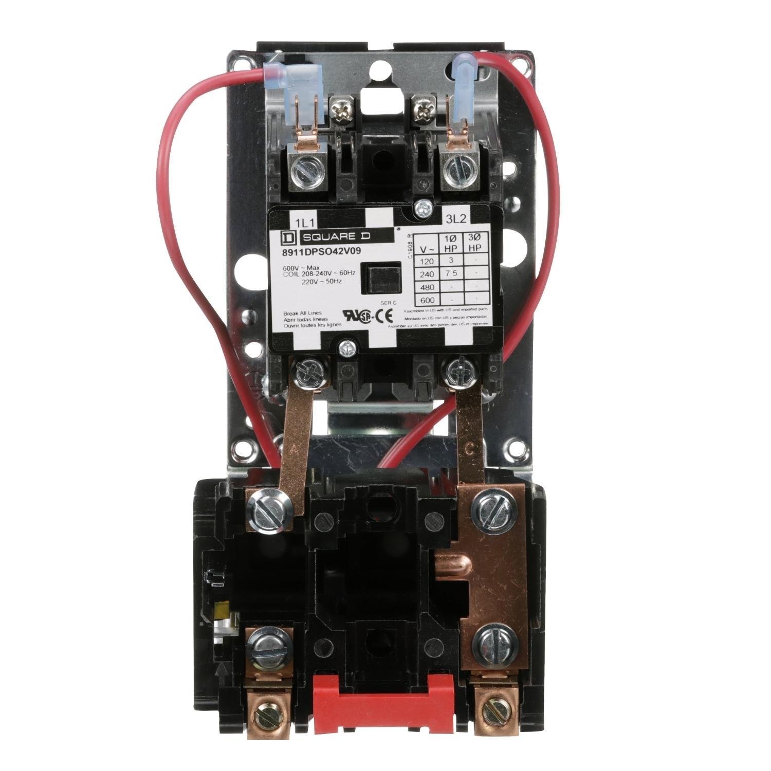 8911DPSO42V09 - NEMA starter, Definite Purpose, 40A, 7.5HP at 240VAC, 1 phase, 2 pole, melting alloy, 208V to 240VAC coil, open
