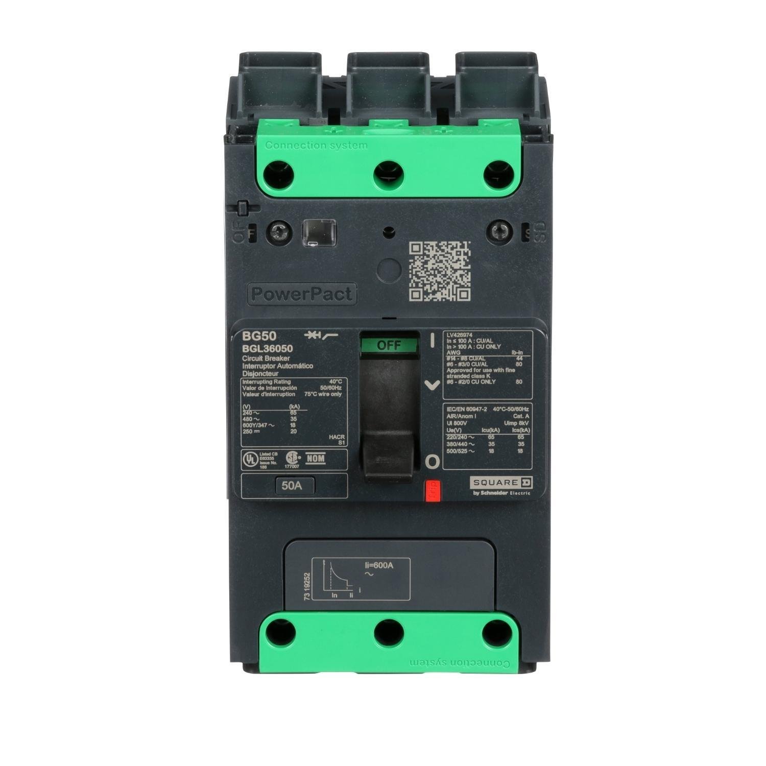 BGL36050 - Circuit breaker, PowerPacT B, 50A, 3 pole, 600Y/347VAC, 18kA, lugs, thermal magnetic, 80%