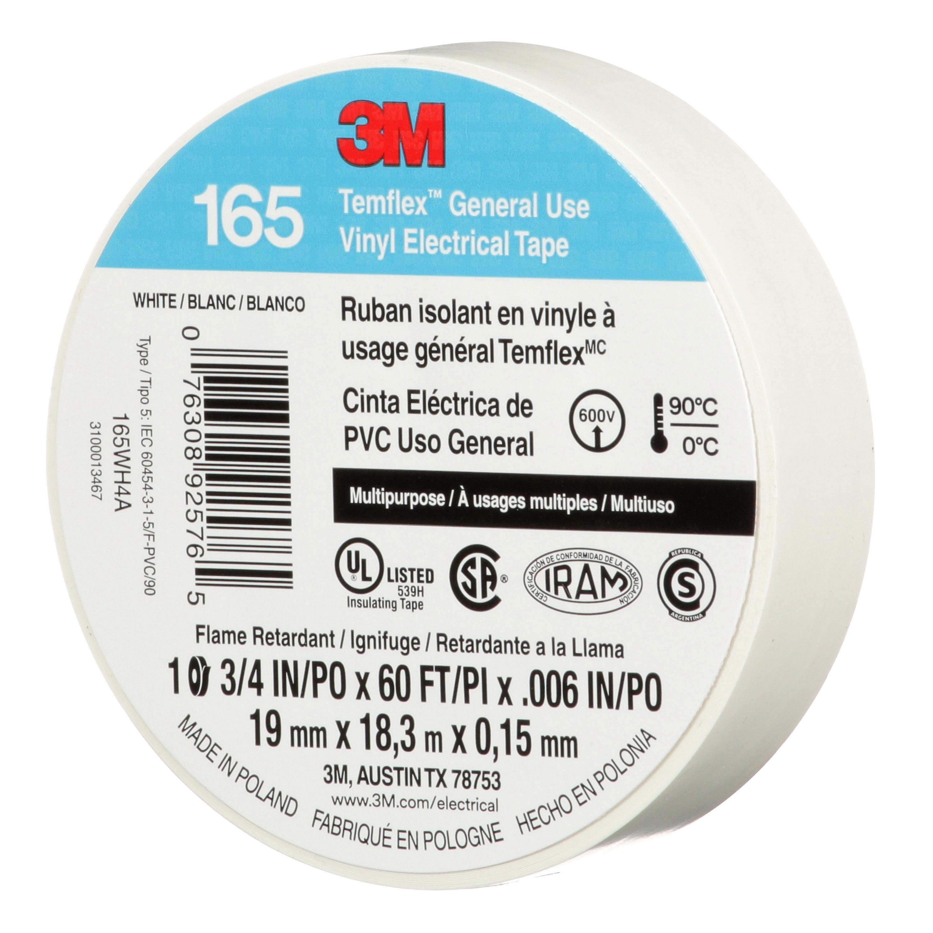 Picture of 7100169491 - 3M™ Temflex™ Vinyl Electrical Tape 165, White, 3/4 in x 60 ft (19 mm x 18 m), 6 mil, 100 Rolls/Case