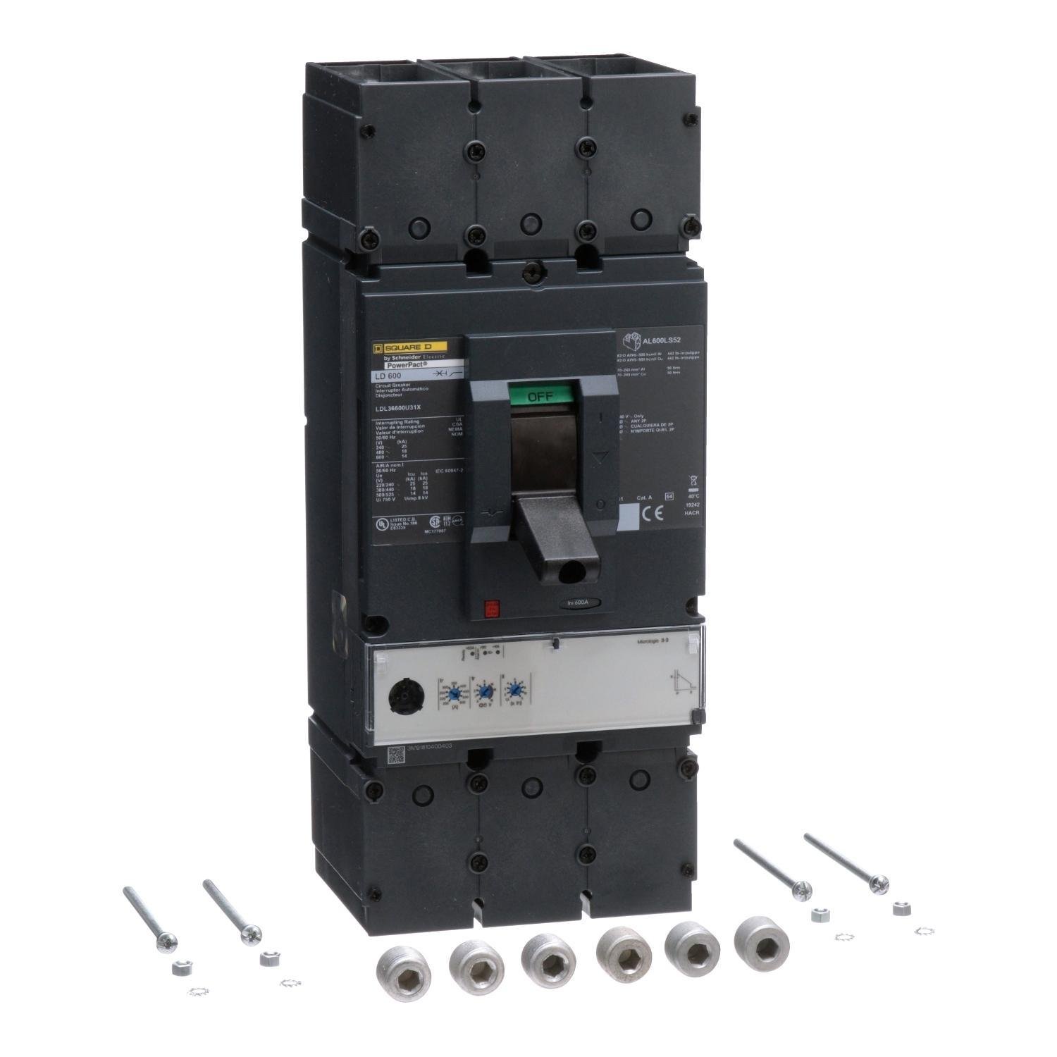 Picture of LDL36600U31X - Circuit breaker, PowerPacT L, 600A, 3 pole, 600VAC, 14kA, lugs, MicroLogic 3.3, 80%
