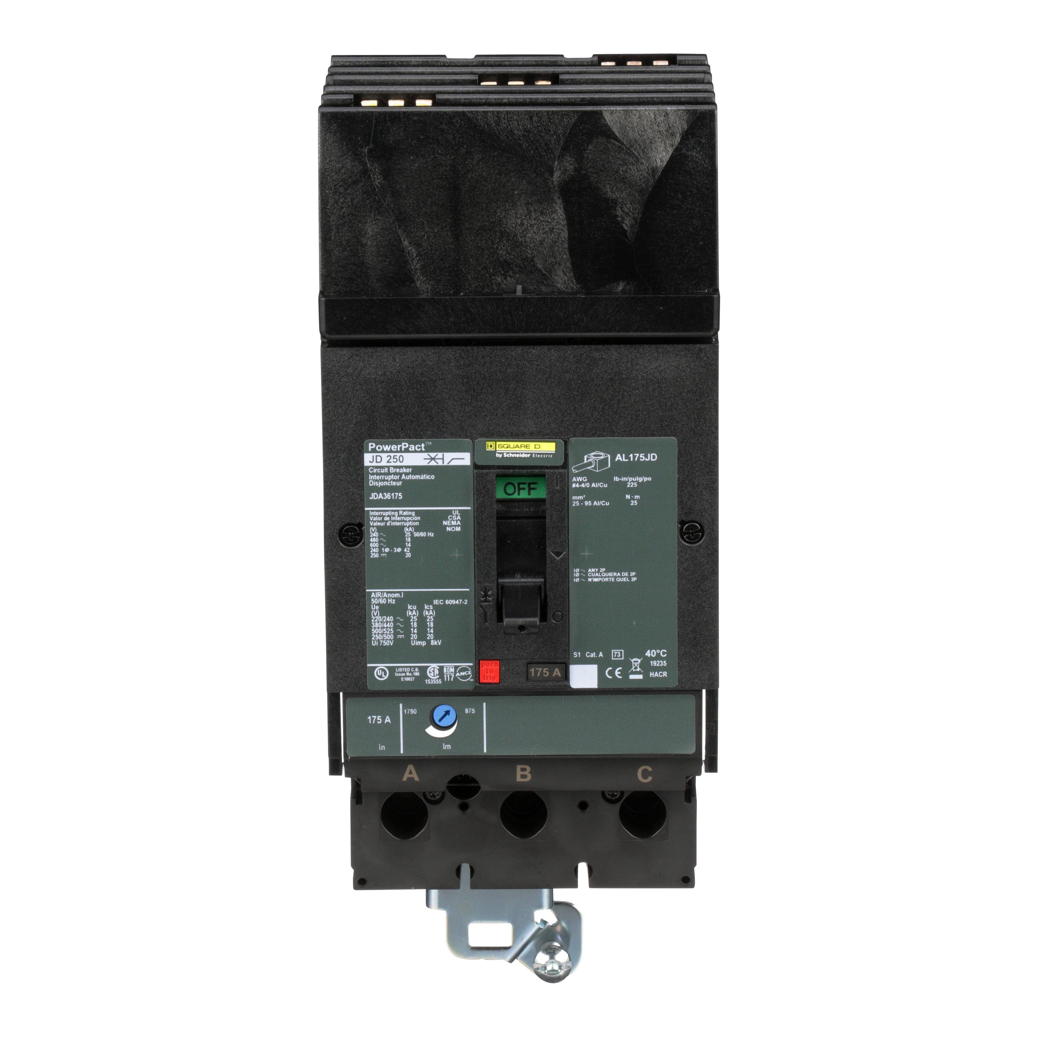 Picture of JDA36175 - Circuit breaker, PowerPacT J, 175A, 3 pole, 600VAC, 14kA, I-Line, thermal magnetic, 80%, ABC