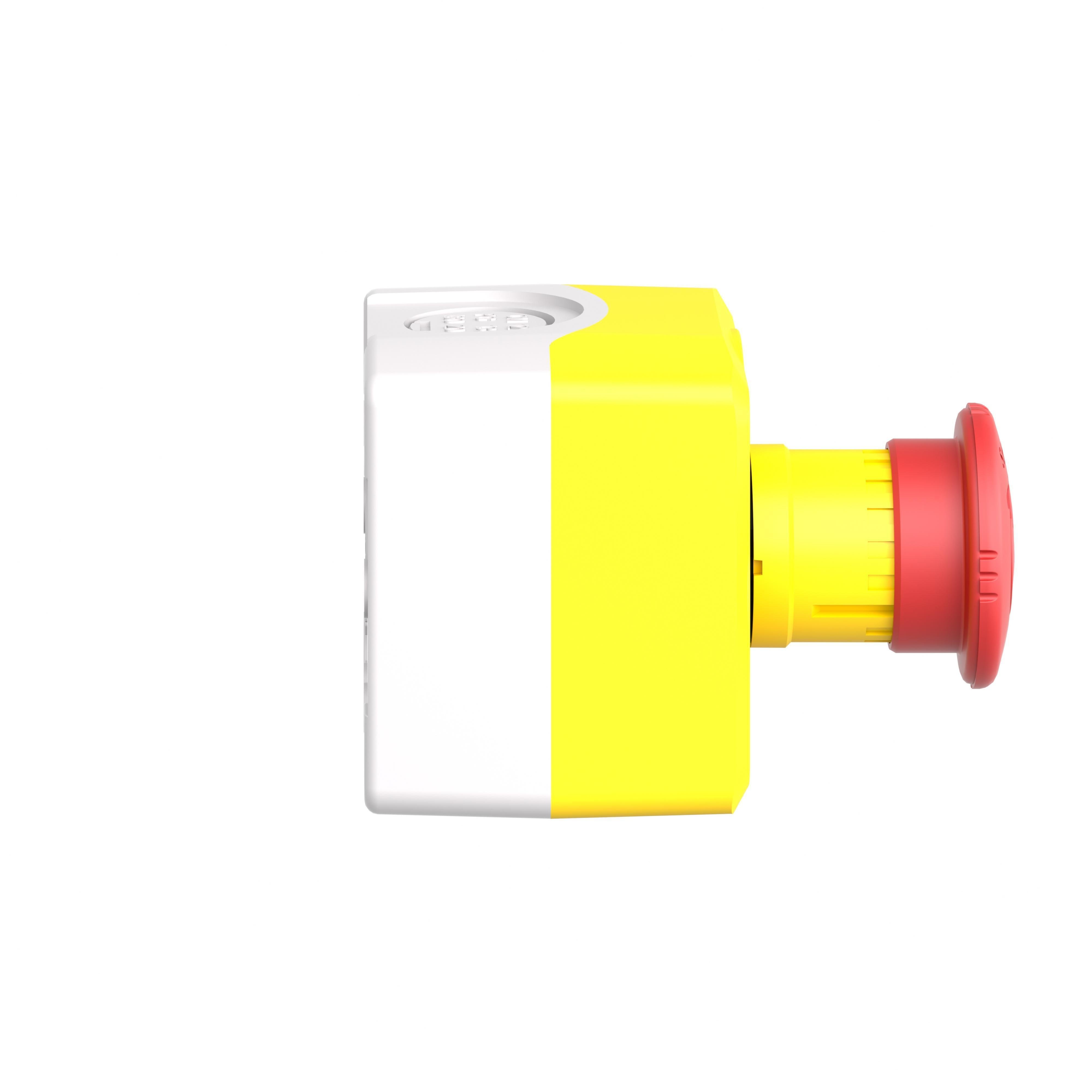 Picture of XALACS1 - 22mm push button, Harmony, yellow control station, trigger action emergency stop, 40mm red mushroom, 1 NC, NEMA 13
