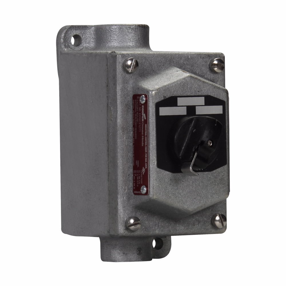 Picture of KT-MT1012GB - Eaton Crouse-Hinds series EDS selector switch control station, With selector switch, With two 3/4" hubs, Feraloy iron alloy, Two-position, two-circuit, 2, 1, Single-gang, 2, Through feed, 3/4", 600 Vac