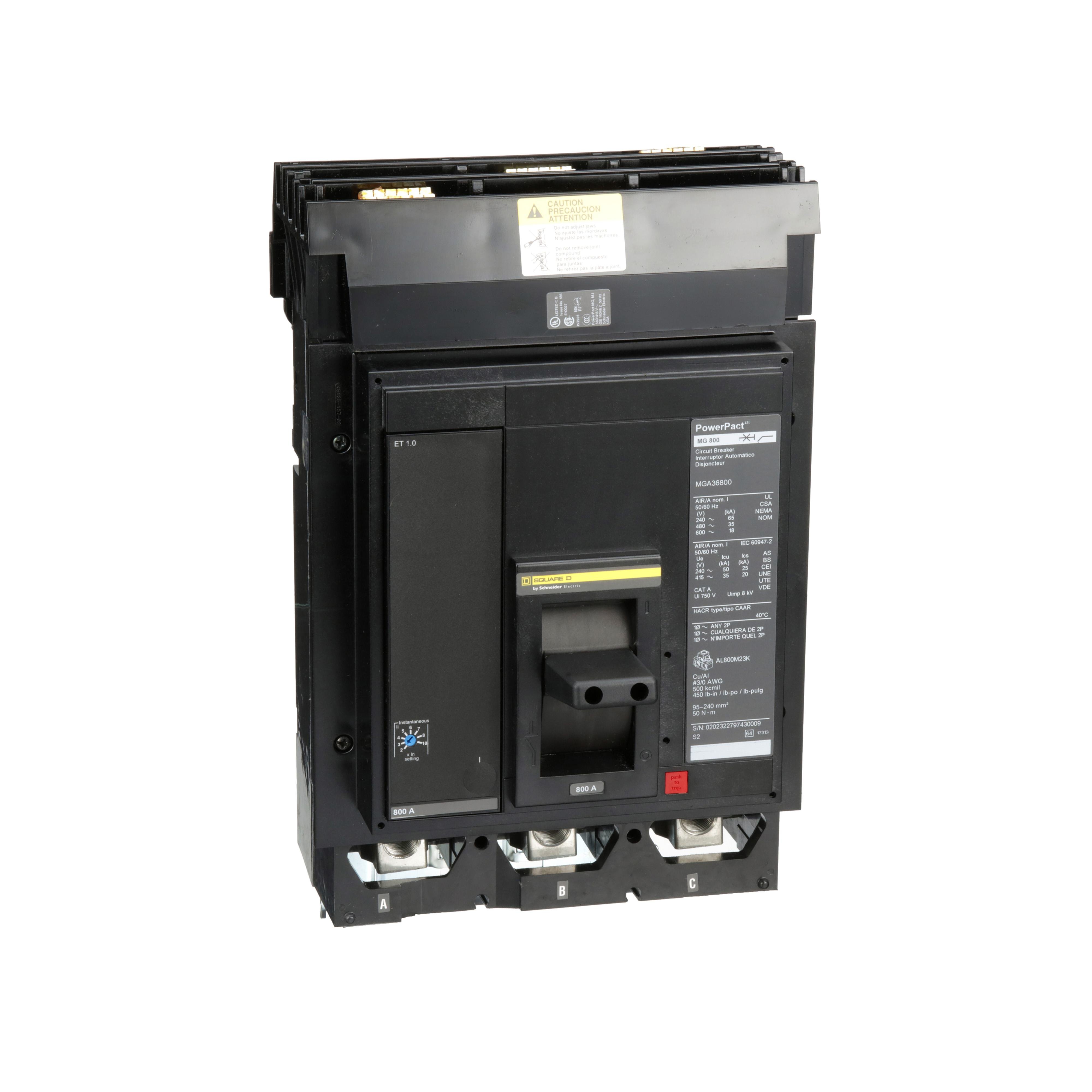 Picture of MGA36800 - Circuit breaker, PowerPacT M, 800A, 3 pole, 600VAC, 18kA, I-Line, ET 1.0, 80%, ABC