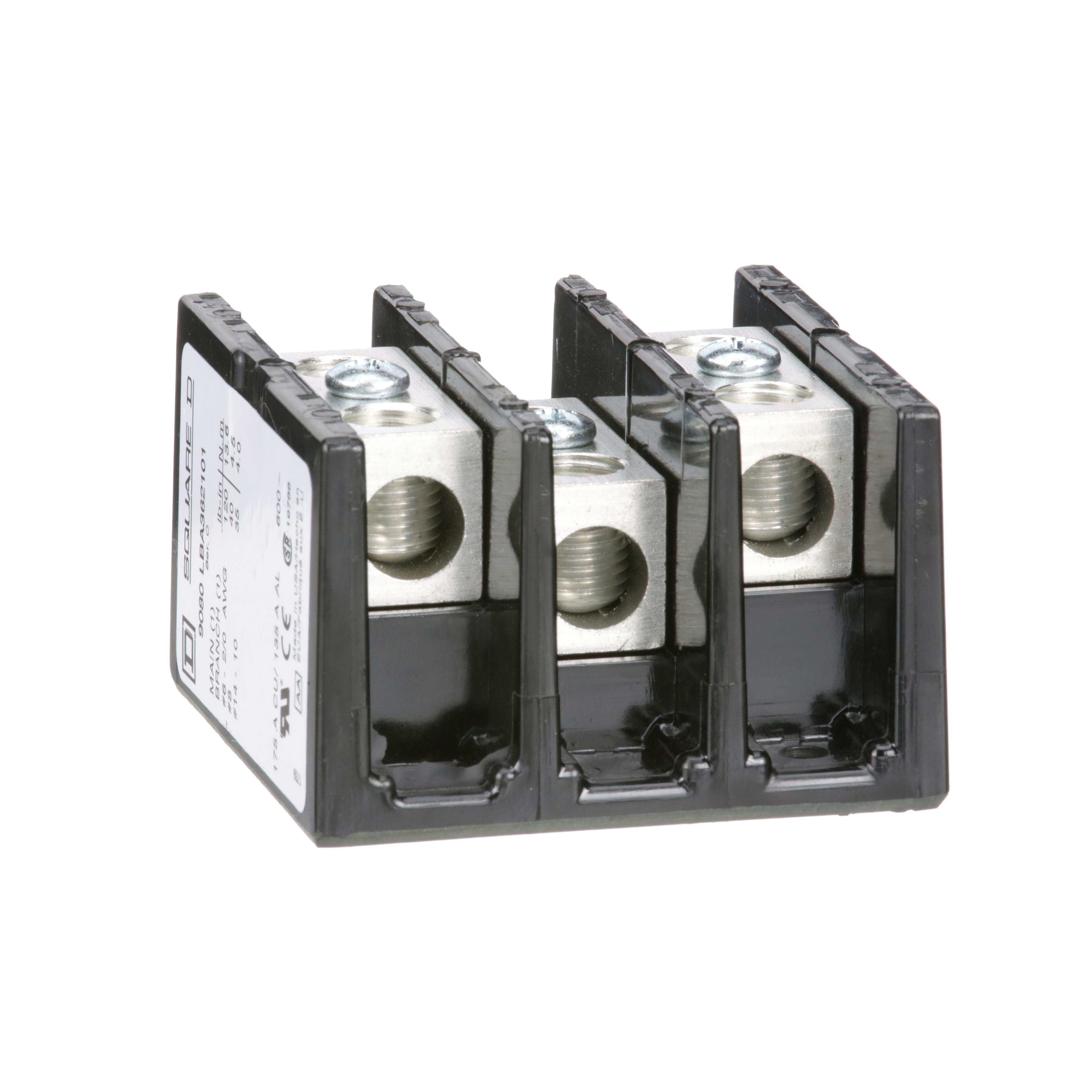 Picture of 9080LBA362101 - Power distribution block, Linergy, 3 pole, 1 line, 1 load, 175A Cu, 135A Al, 600V